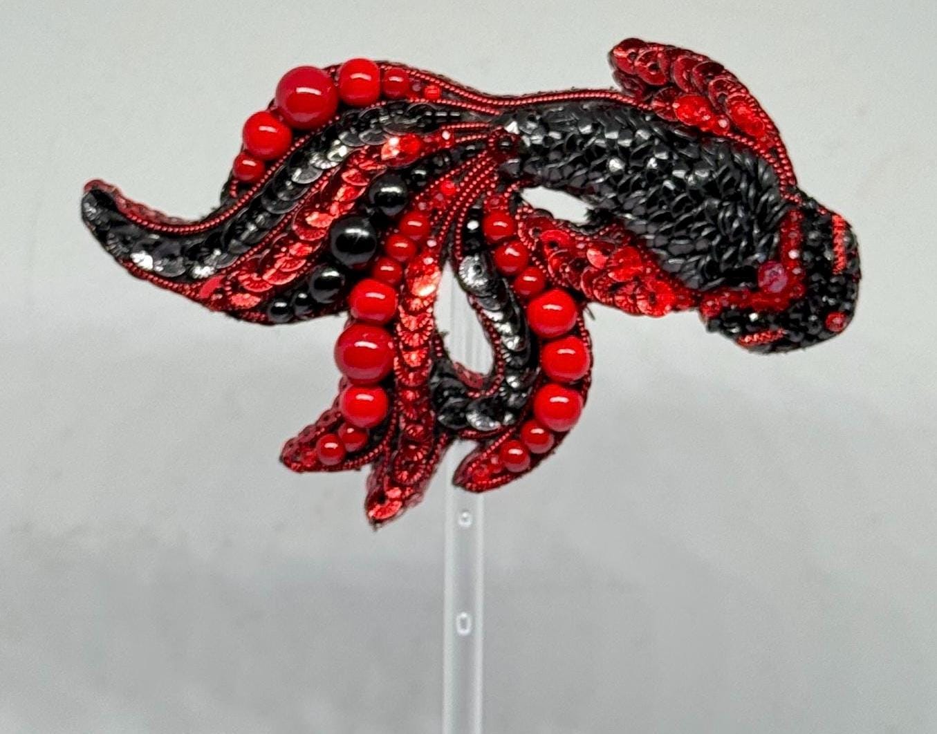 Handmade Beaded Koi Fish Brooch: Embroidered Red & Black Pin