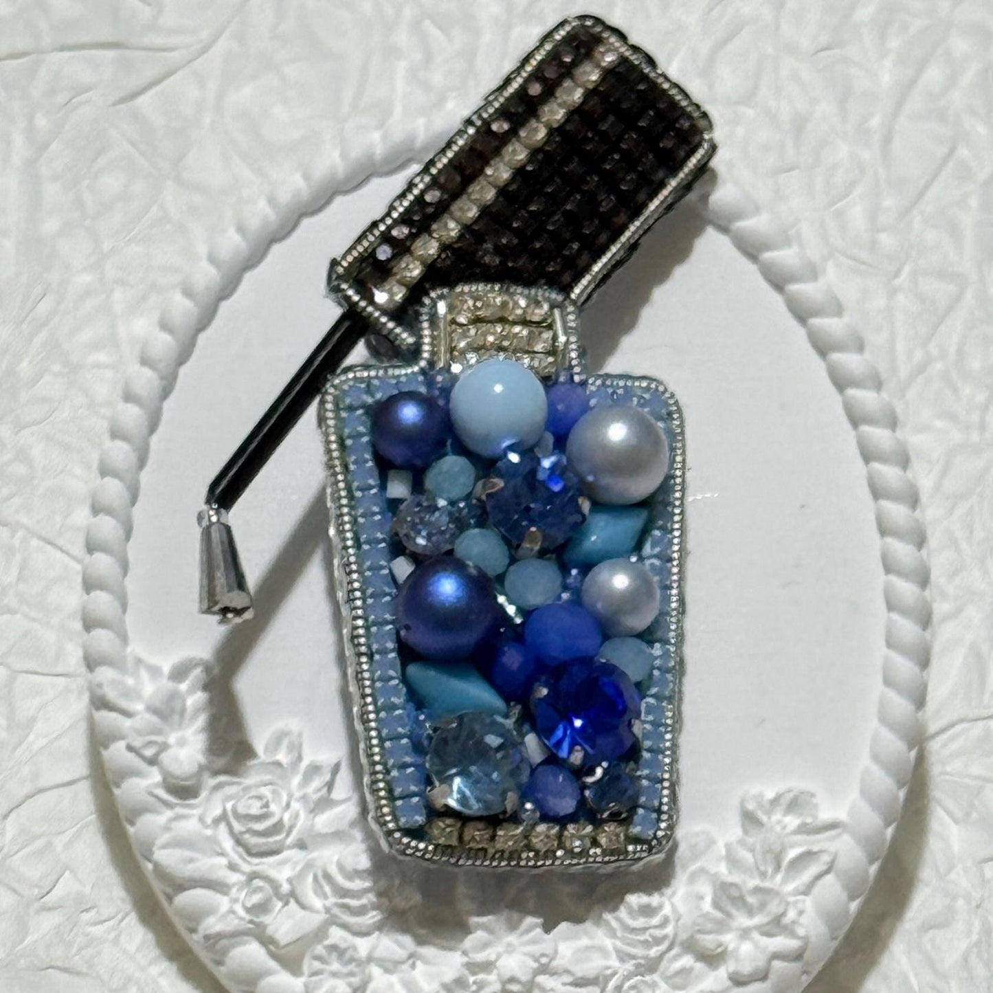 Handmade Blue nail polish Bottle Brooch: Beaded Crystal Pin