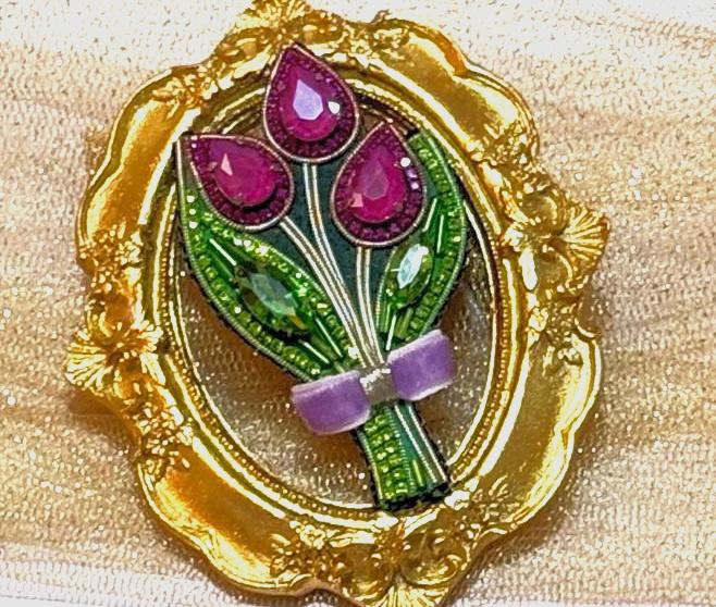 Handmade Beaded Tulip Brooch: Crystal Velvet Flower Pin