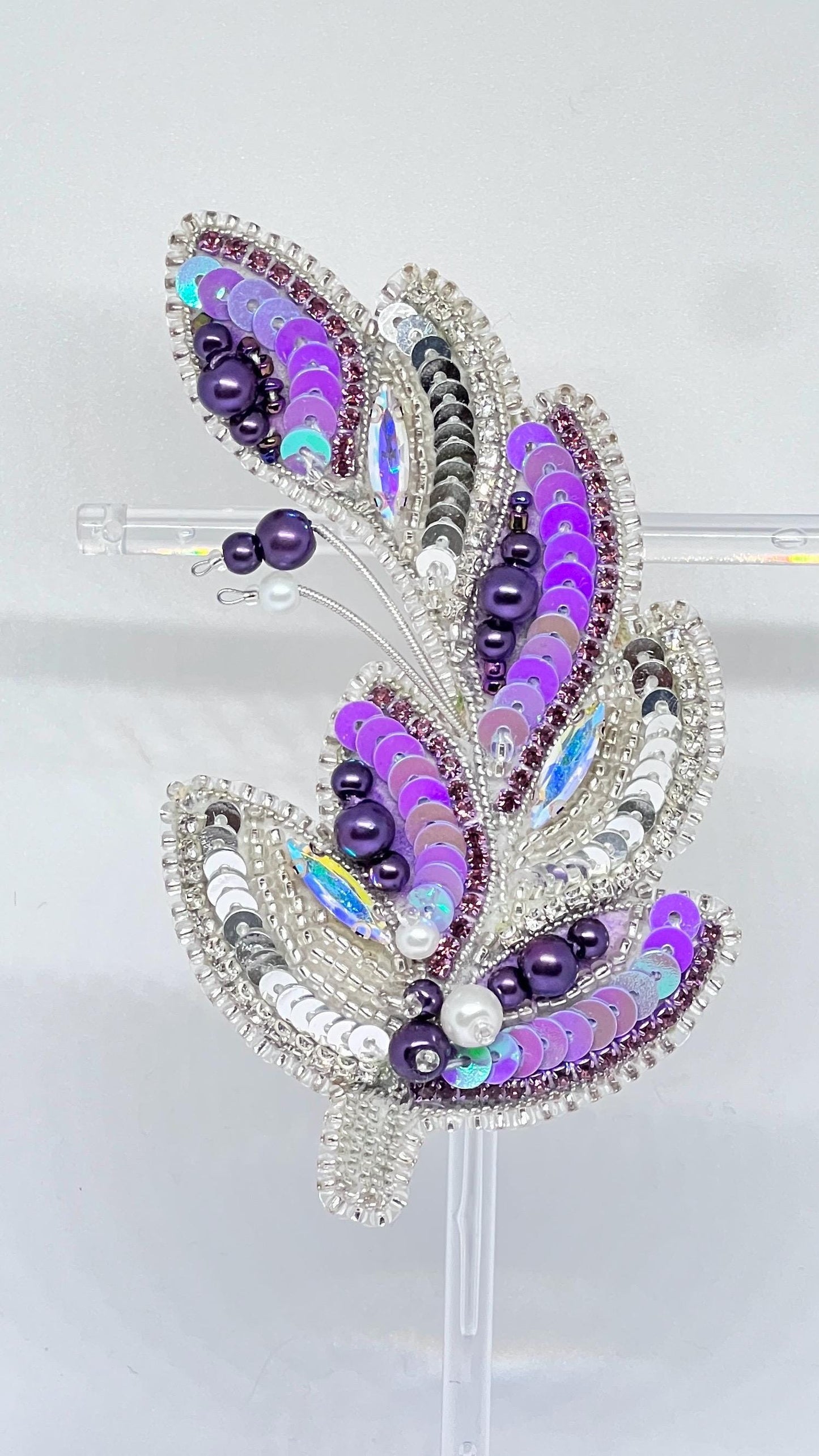 Handmade Beaded Feather Brooch: Purple Sequin & Pearl Embellished Pin