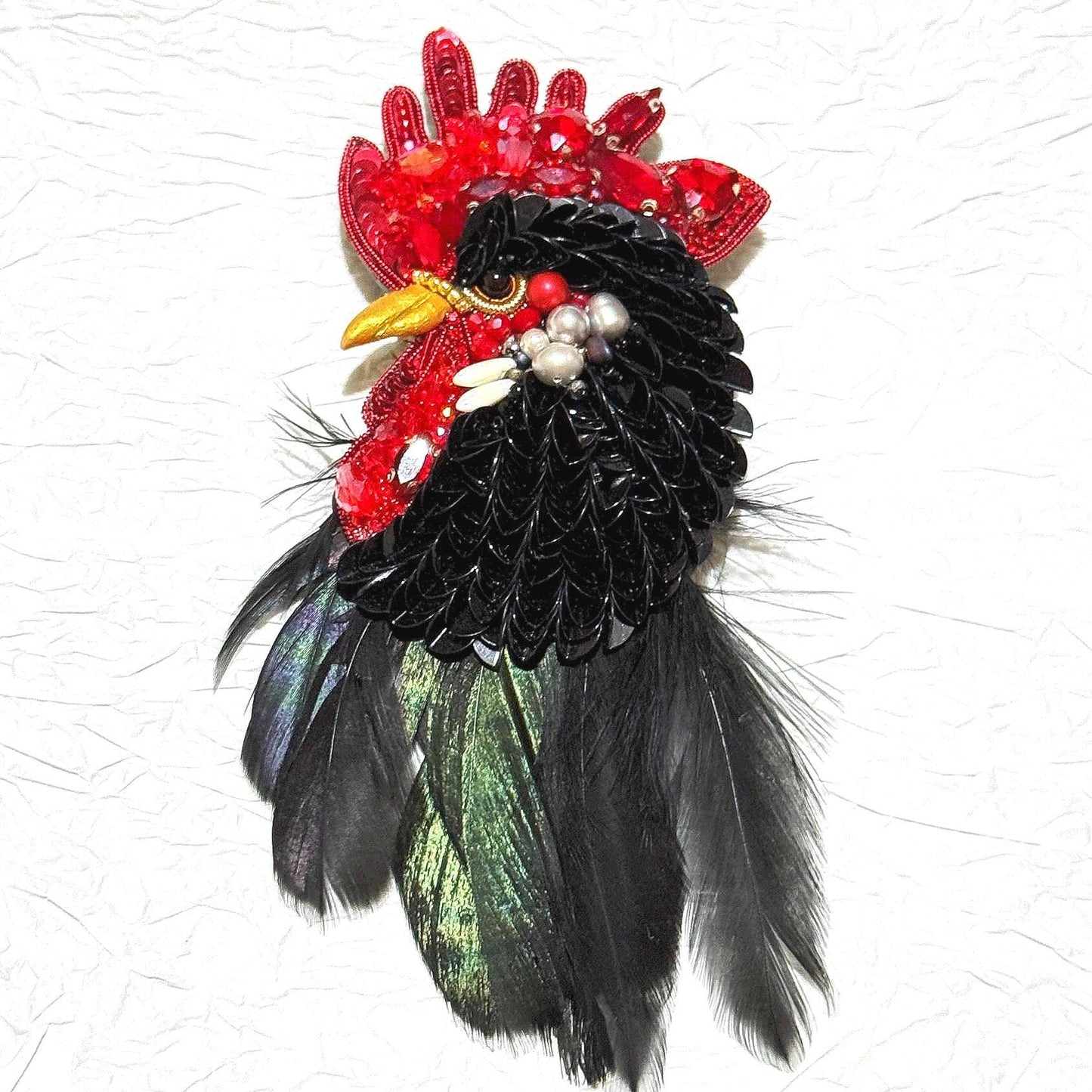 Handmade Beaded Rooster Brooch: Feather Embroidered Farm Pin