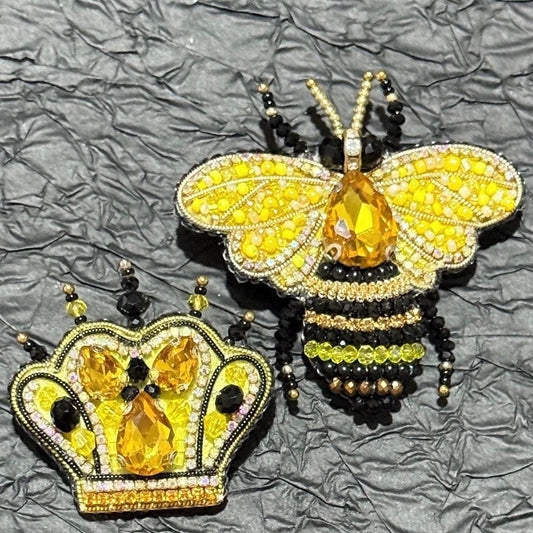 Handmade Beaded Bee and Crown Brooch Set: Yellow Crystal Pins