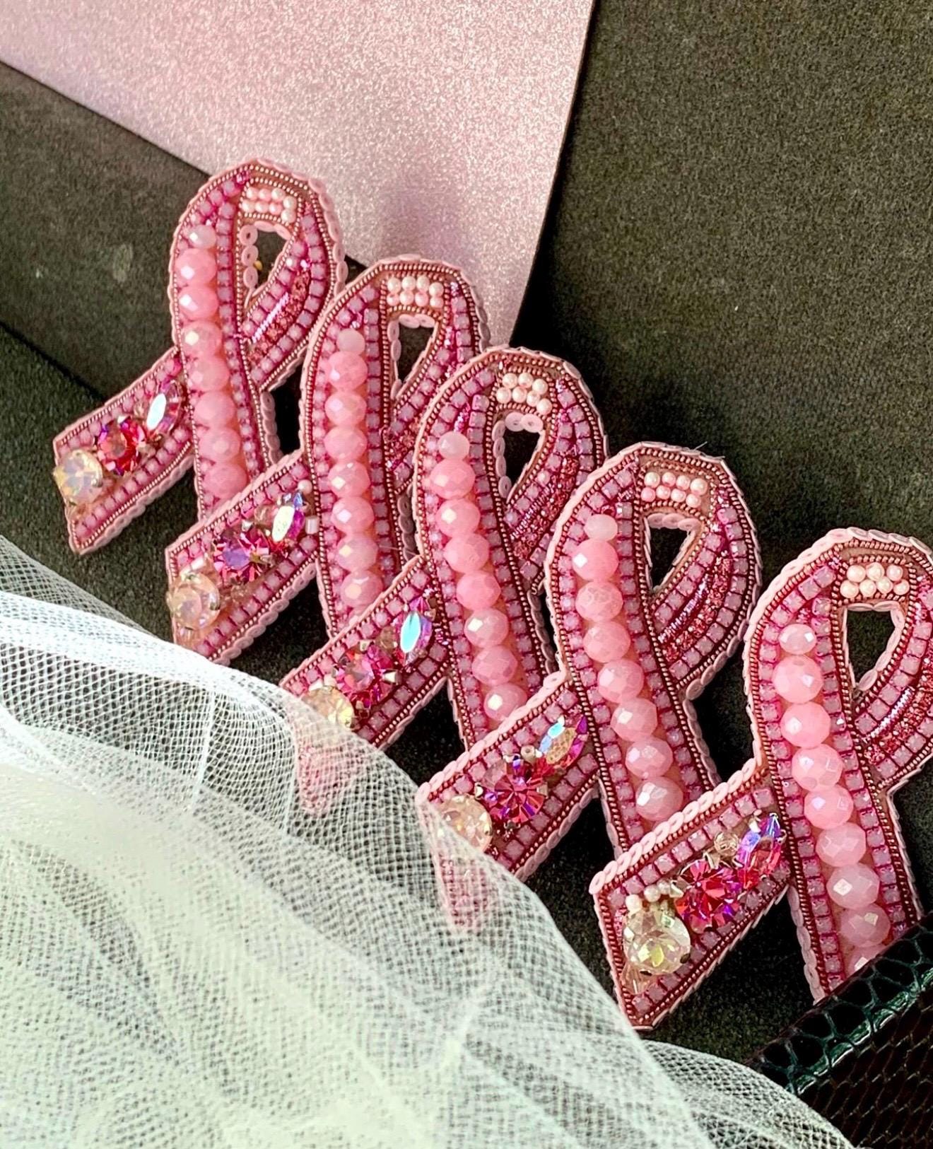 Handmade Beaded Pink Ribbon Brooch: Breast Cancer Awareness Pin