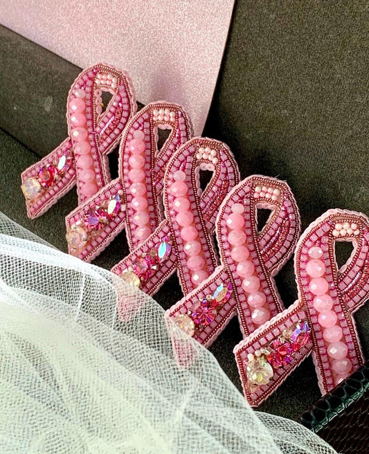 Handmade Beaded Pink Ribbon Brooch: Breast Cancer Awareness Pin