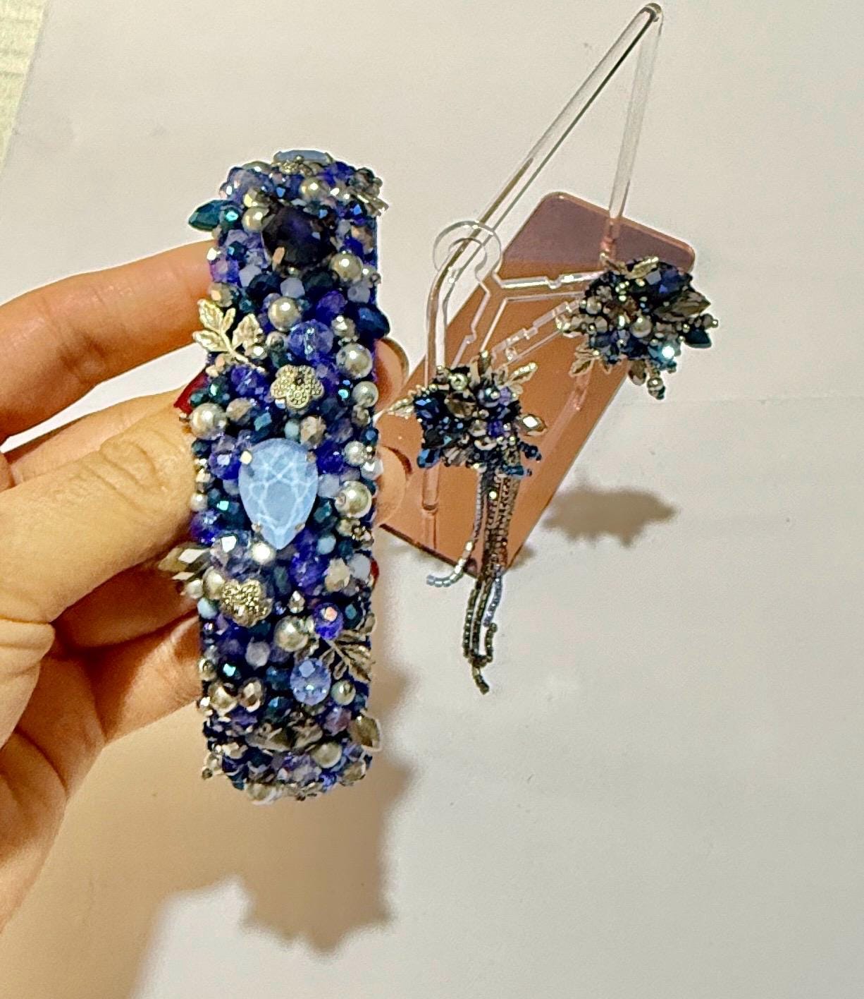 Handmade Blue Beaded Headband with Crystal Dangle Earrings