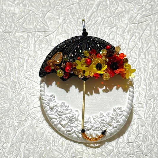 Handmade Beaded Umbrella Brooch: Floral Jewelry Pin with Yellow & Red Accents
