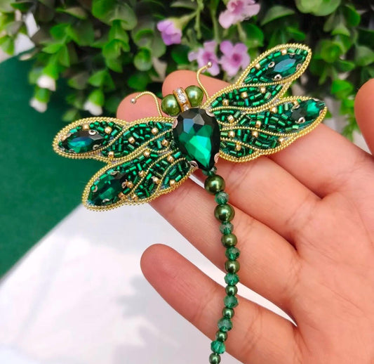 Handmade Green Dragonfly Brooch: Beaded Crystal Statement Pin