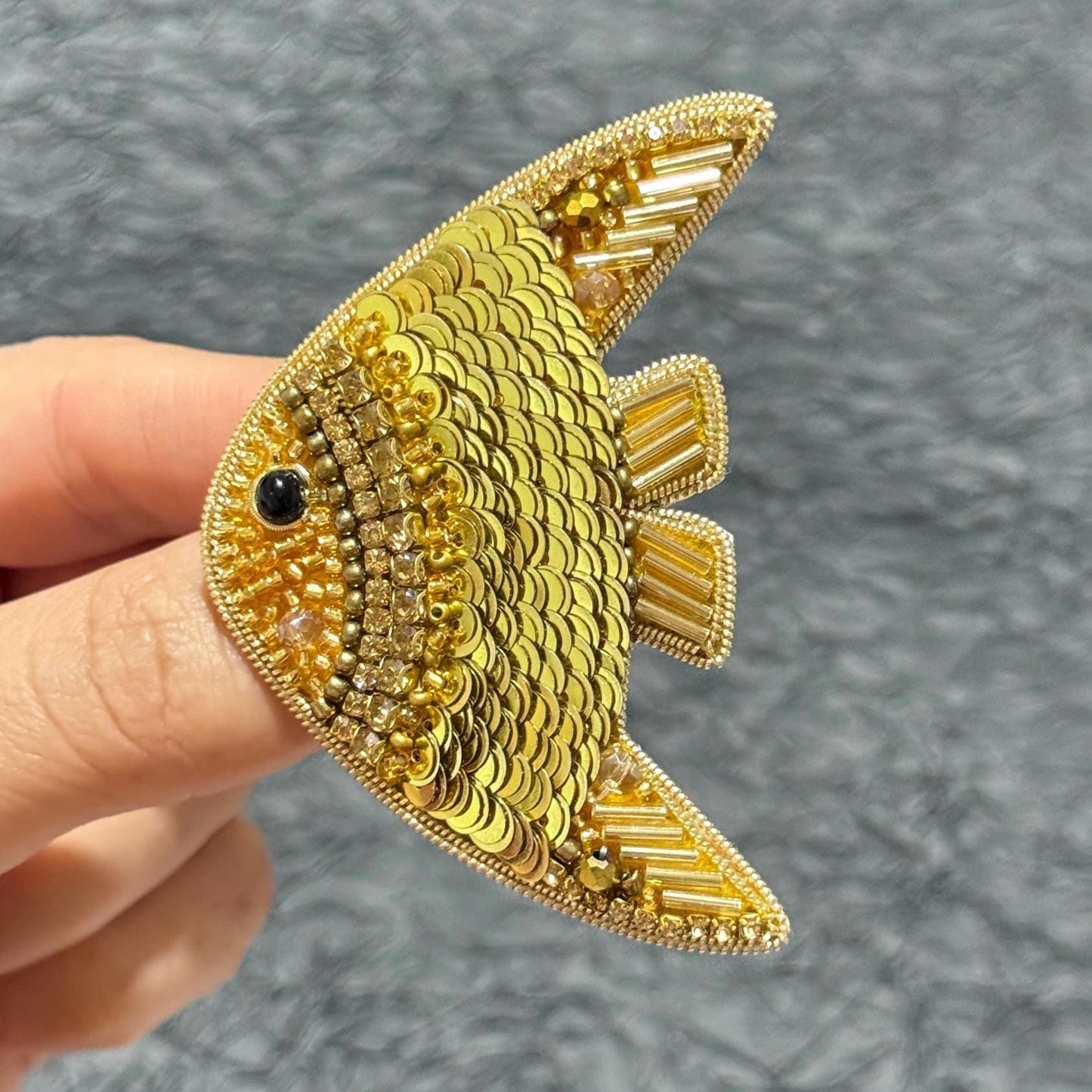 Handmade Beaded Fish Brooch: Gold Sequin Statement Pin