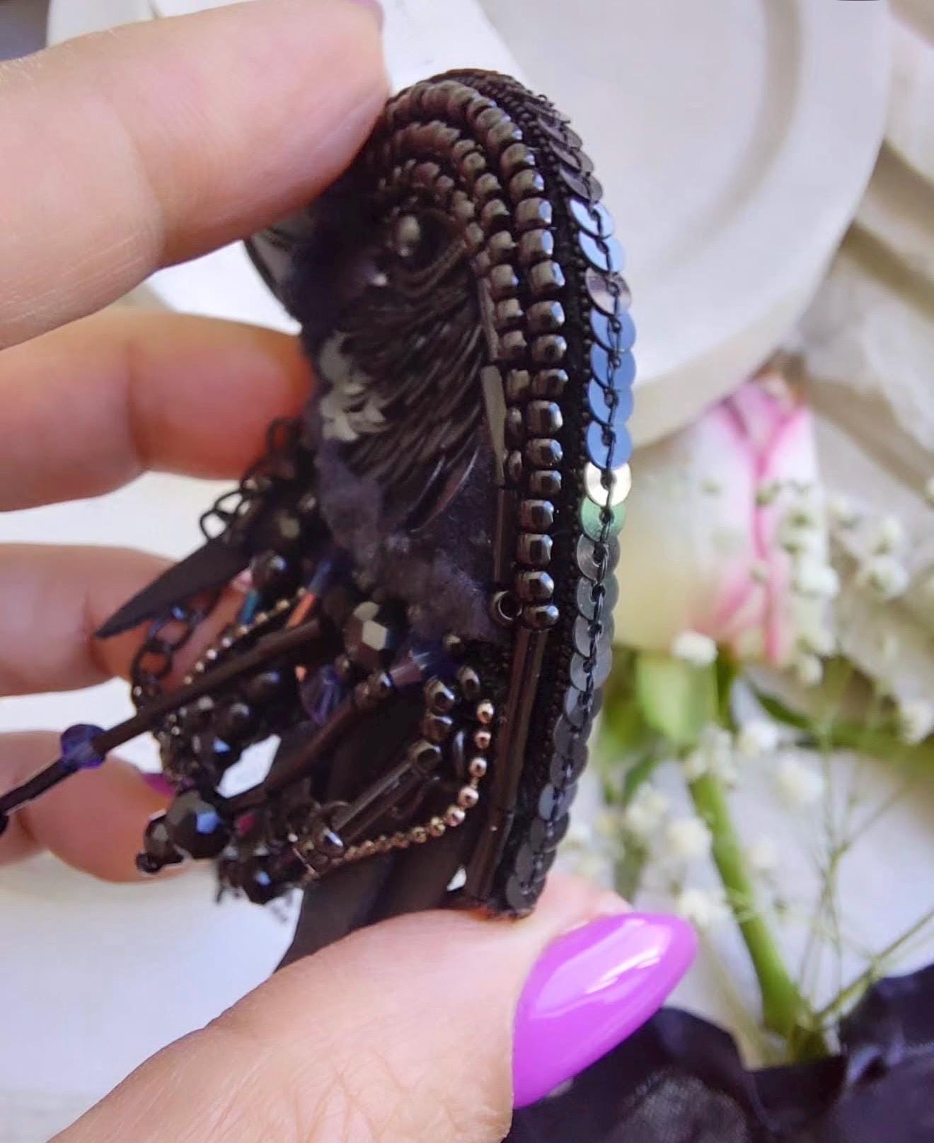 Handmade Beaded Raven Brooch, Gothic Bird Pin, Dark Fantasy Jewelry