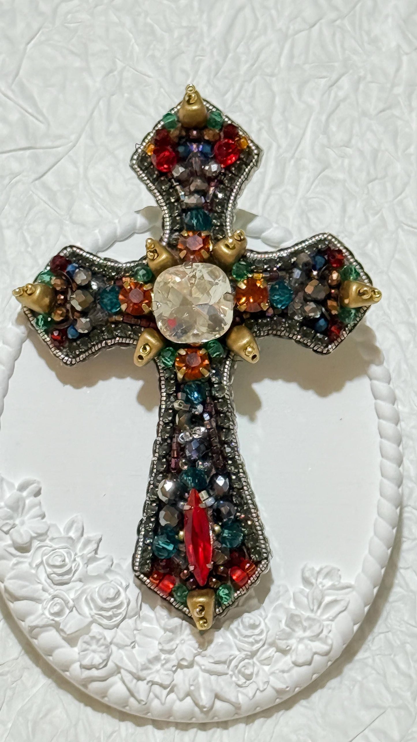 Handmade Beaded Cross Brooch: Colorful Swarovski Crystal Religious Pin