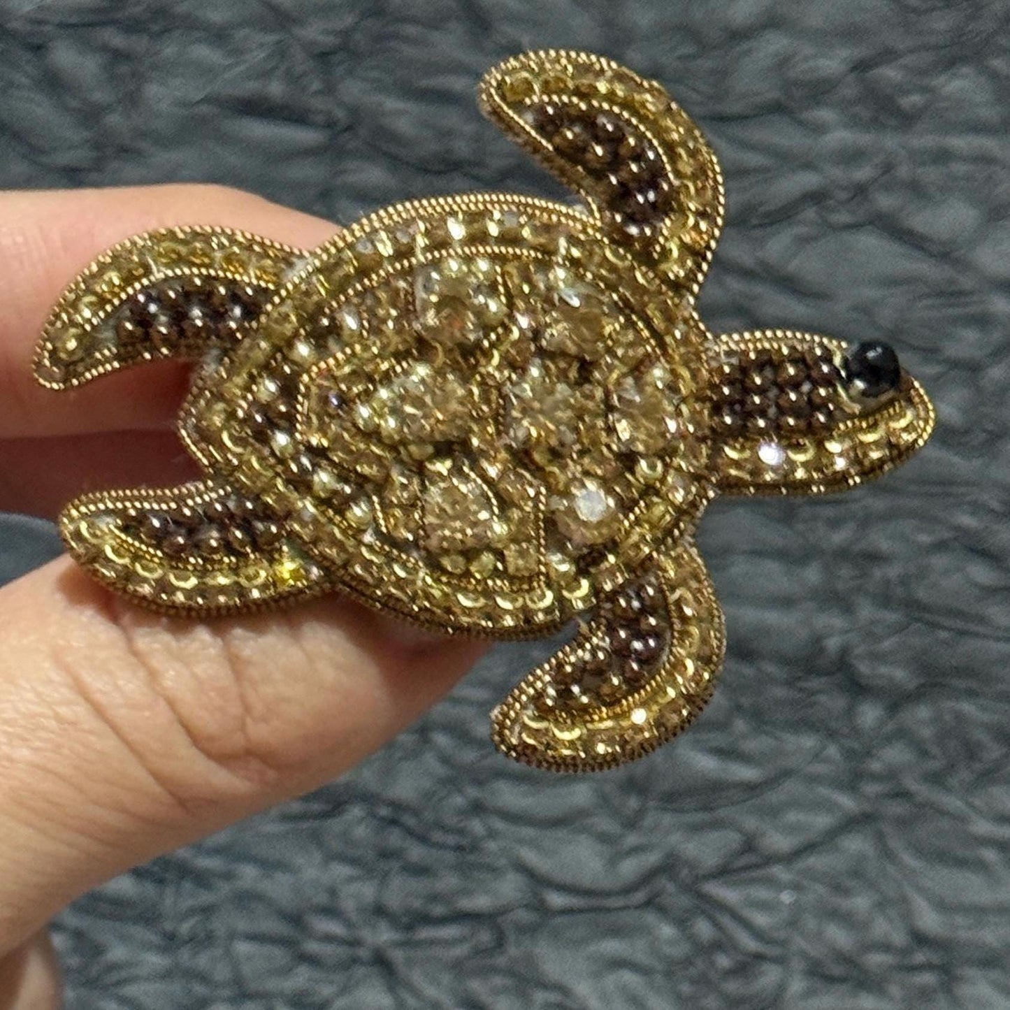 Handmade Beaded Turtle Brooch: Gold Sequins & Crystals