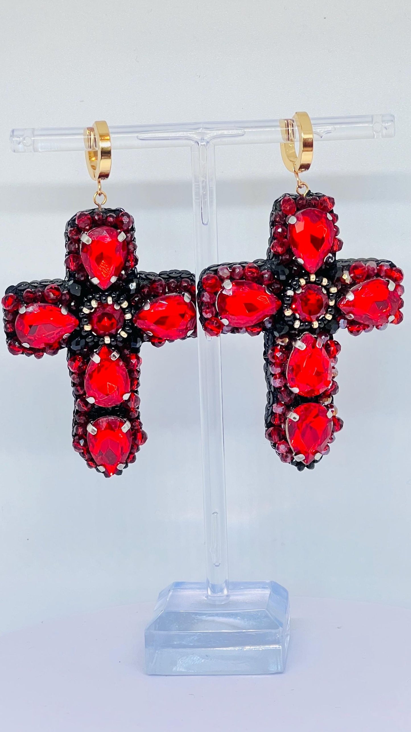 Handmade Red Crystal Cross Earrings: Gothic Religious Jewelry