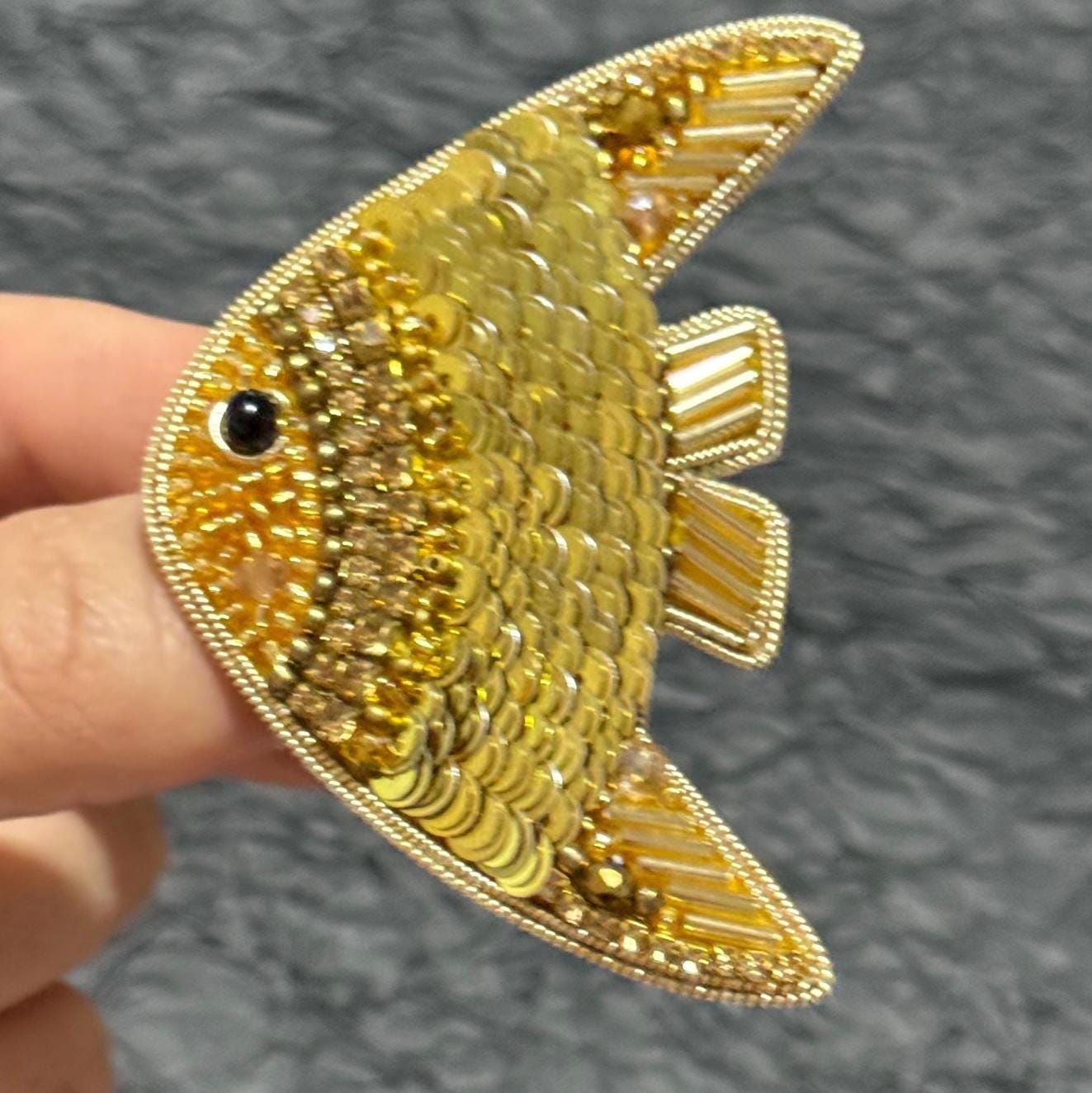 Handmade Beaded Fish Brooch: Gold Sequin Statement Pin