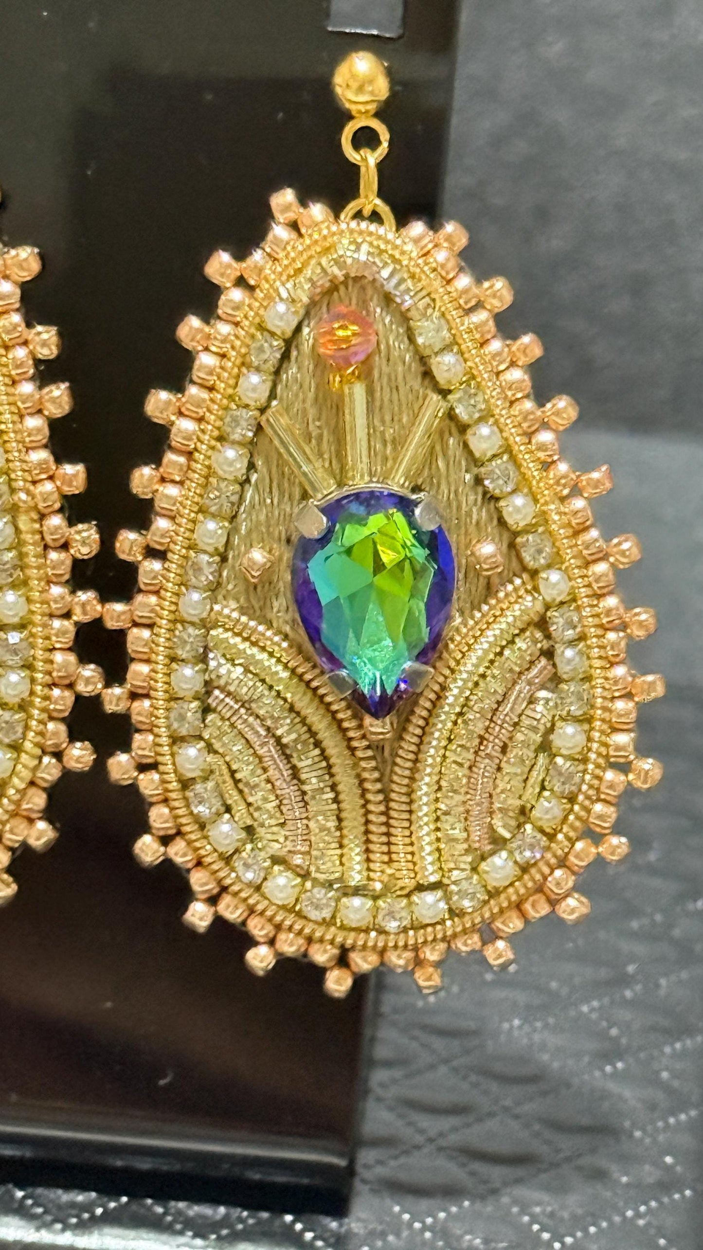 Handmade Gold Teardrop Earrings: Beaded Crystal Embroidered Statement Jewelry