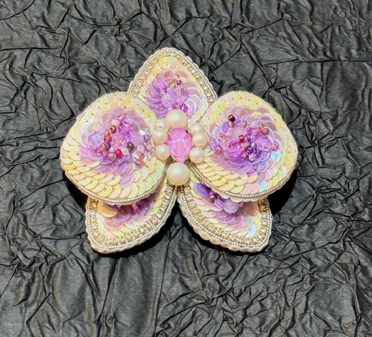 Handmade Beaded Orchid Brooch: Sequin Pearl Floral Pin