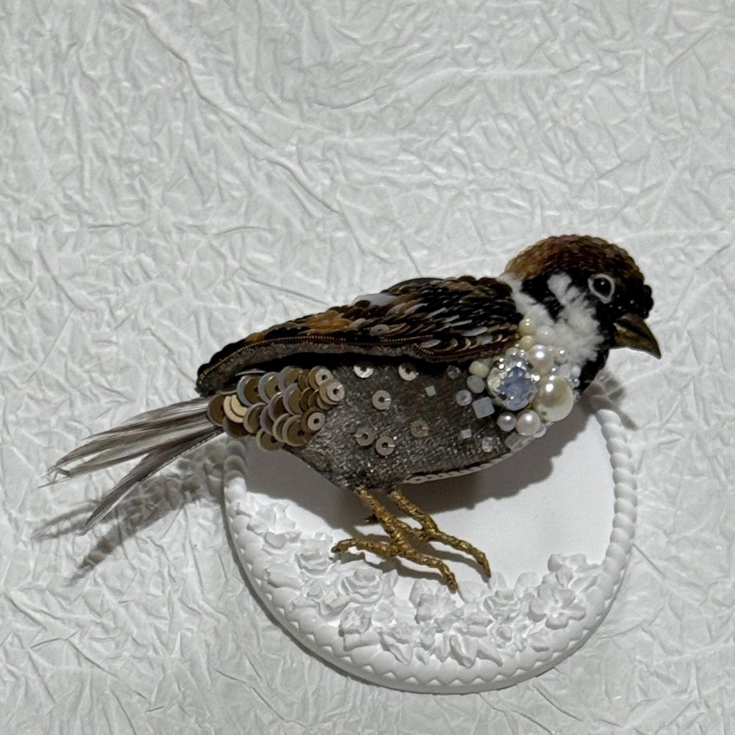 Handmade Beaded Sparrow Brooch: Sequins, Pearls, and Crystals