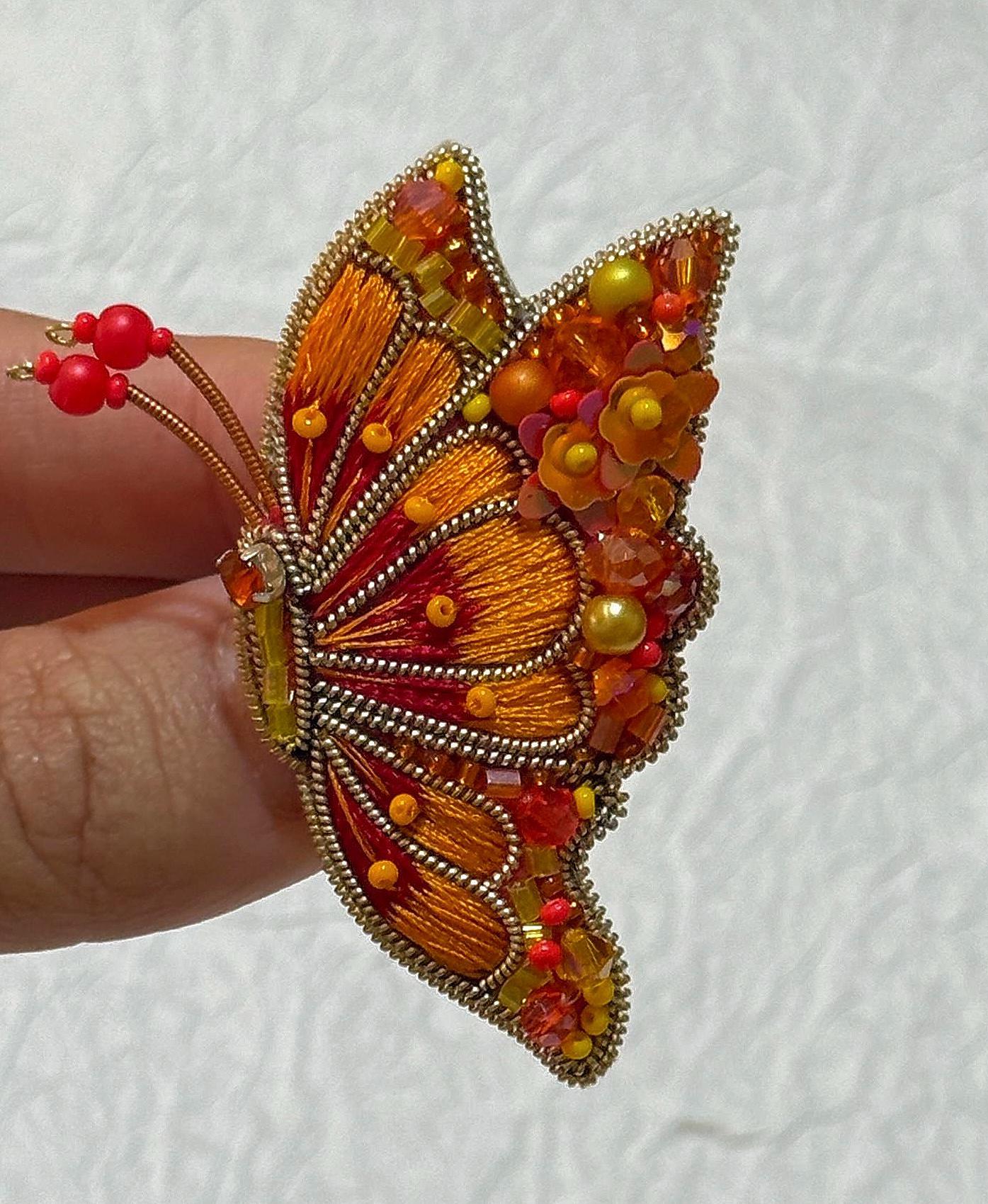 Handmade Beaded Butterfly Brooch: Embroidered Orange & Gold Pin