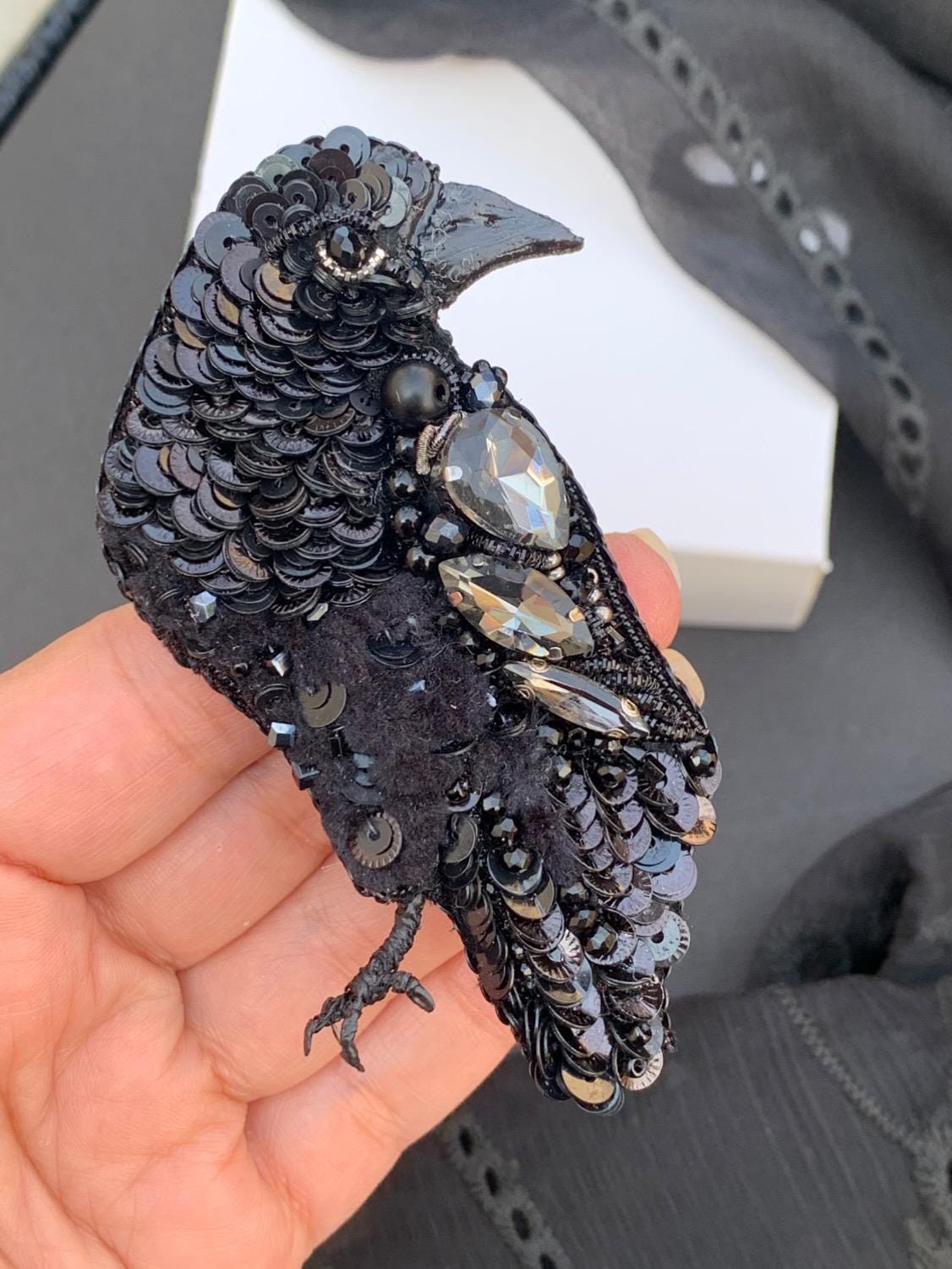 Handmade Beaded Raven Brooch – Gothic Sequined Bird Pin