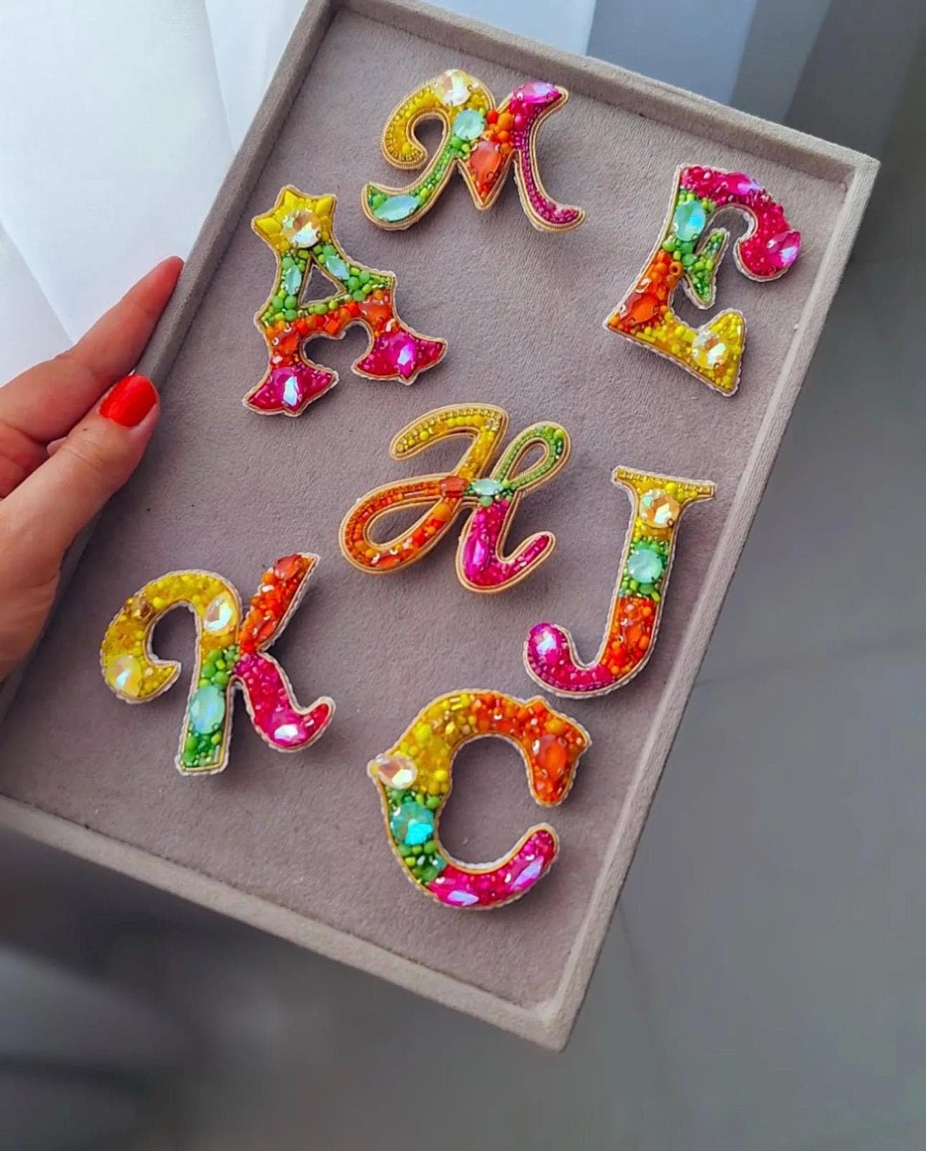 Handmade Beaded Initial Brooch - Colorful Crystal Letter Pin