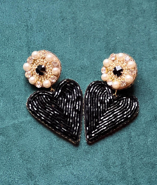 Black Heart Beaded Earrings: Handmade Pearl Crystal Statement Jewelry