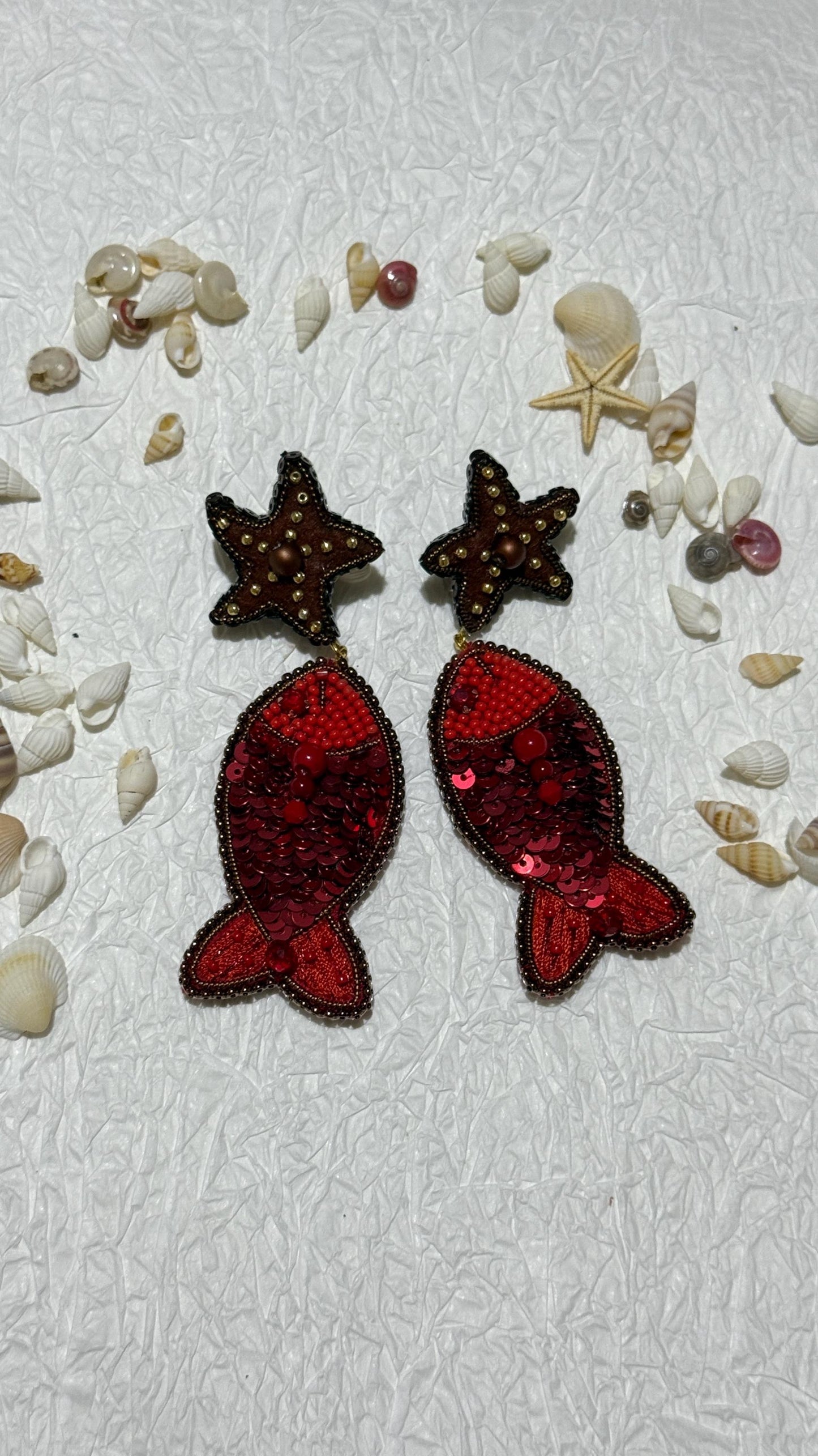 Handmade Beaded Fish Earrings: Red Sequin Starfish Dangle Jewelry