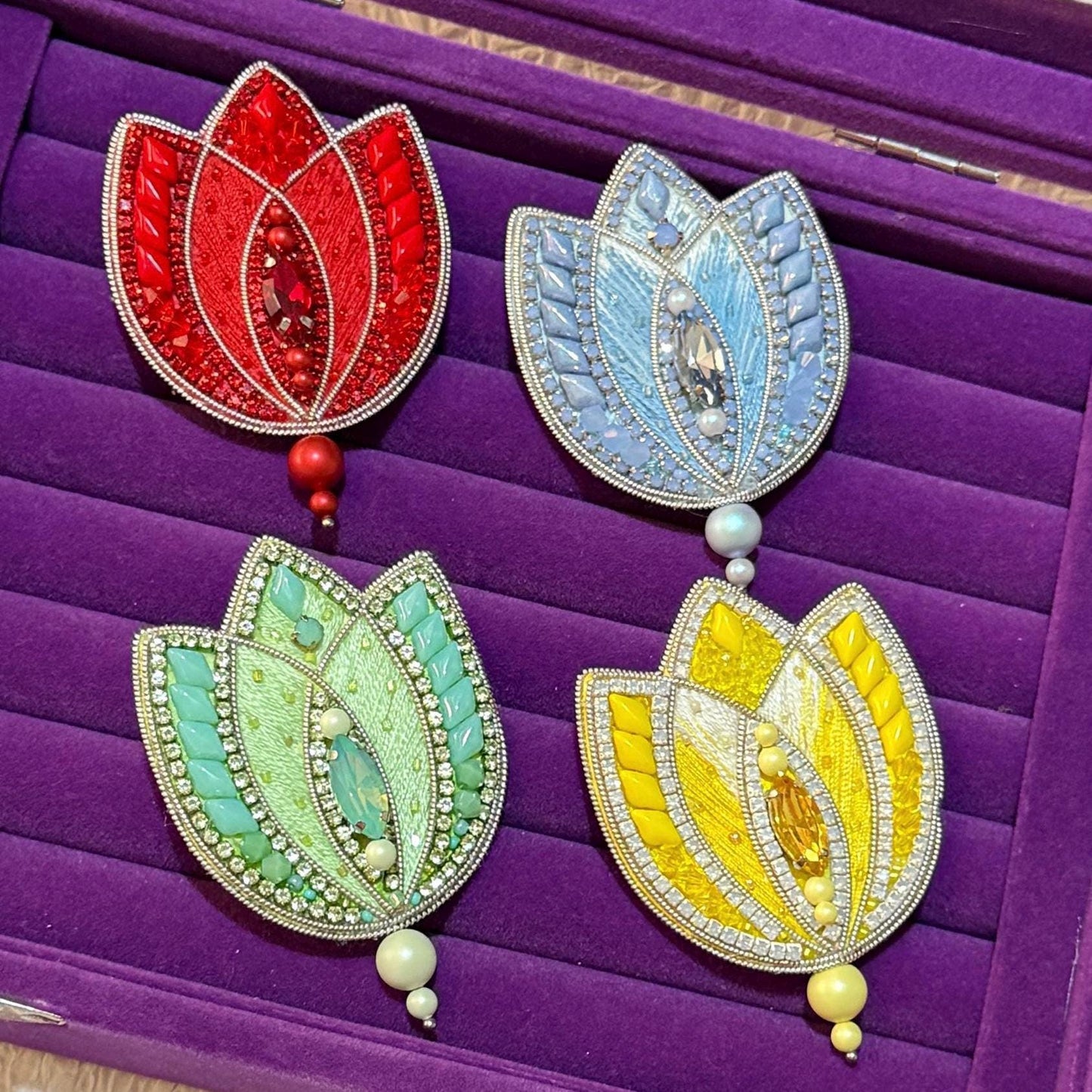 Handmade Beaded Tulip Brooch: Crystal Floral Statement Pin