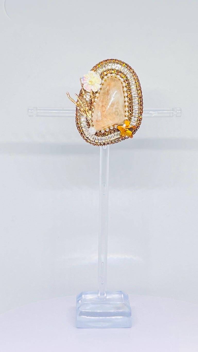 Handmade Citrine Stone Brooch: Beaded Gemstone Pin with Pearls
