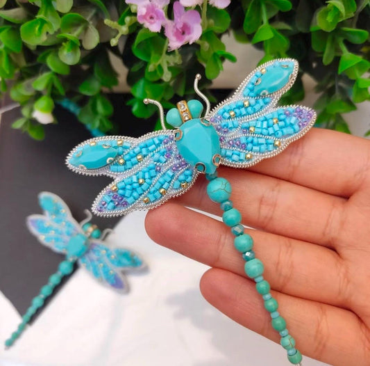 Handmade Turquoise Dragonfly Brooch: Beaded Crystal Statement Pin