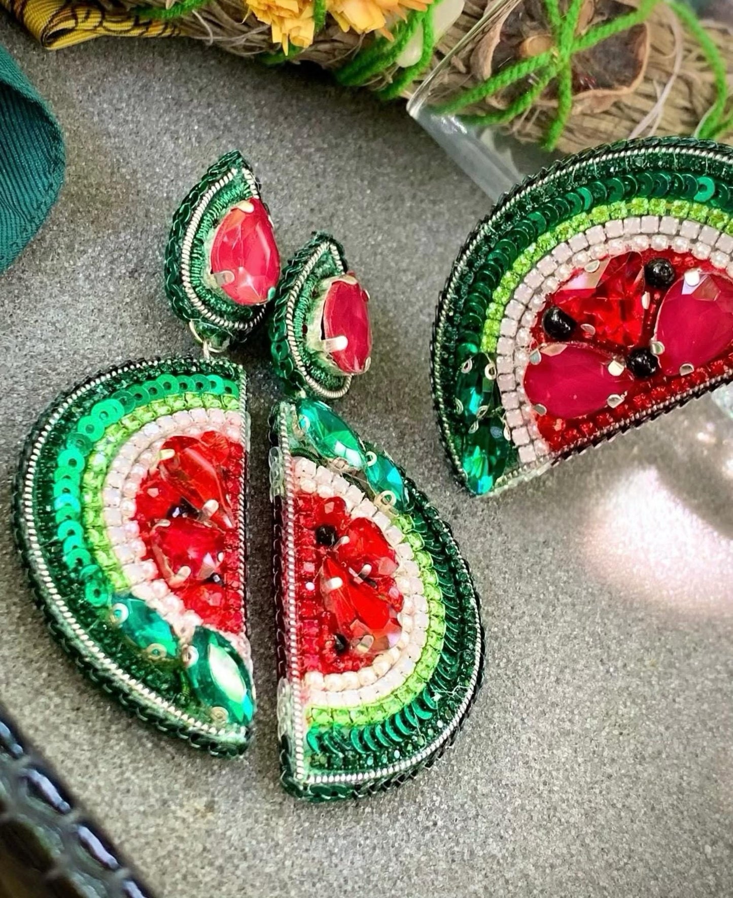 Handmade Watermelon Slice Earrings: Beaded Rhinestone Summer Jewelry