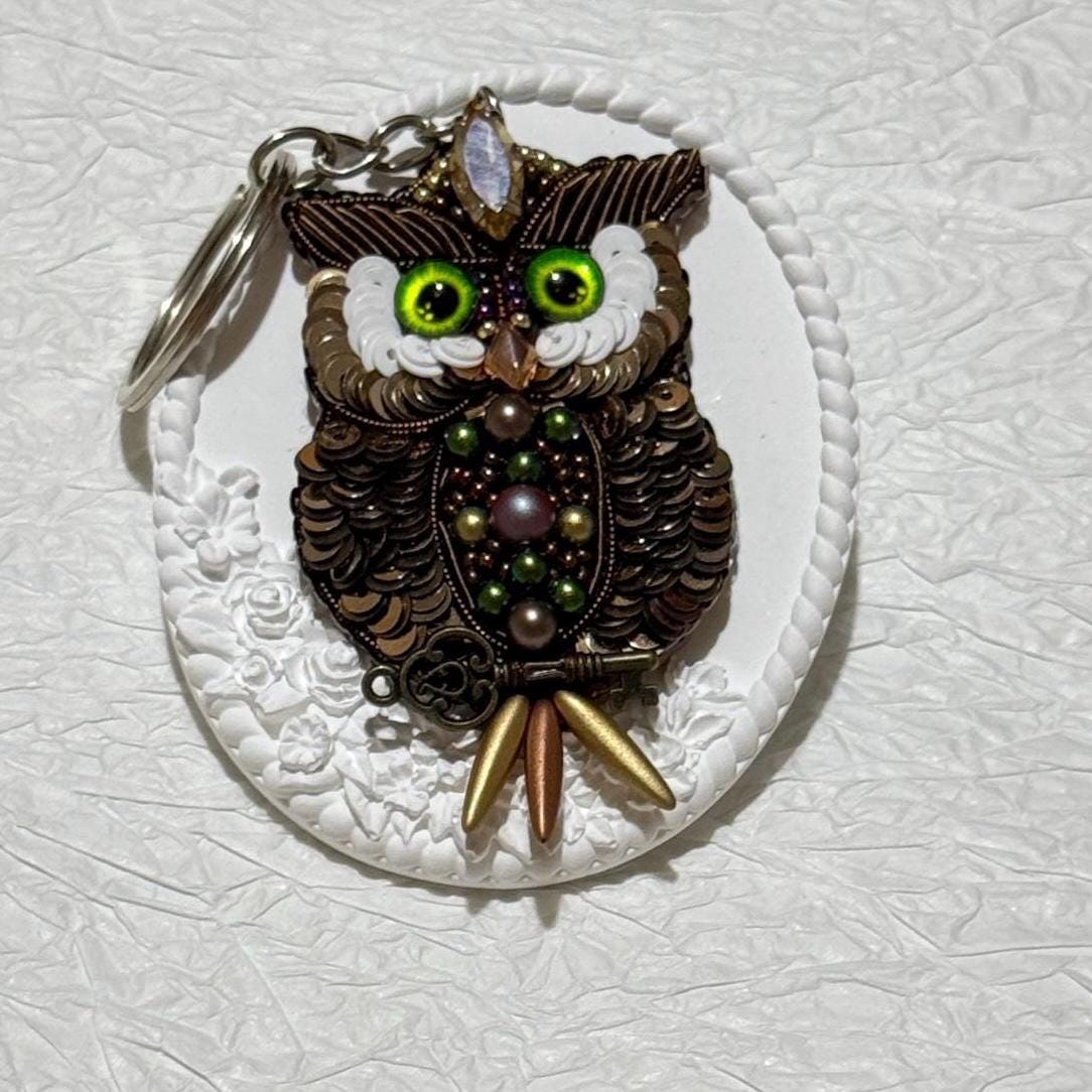 Handmade Beaded Owl Keychain: Pearl & Crystal Bag Charm