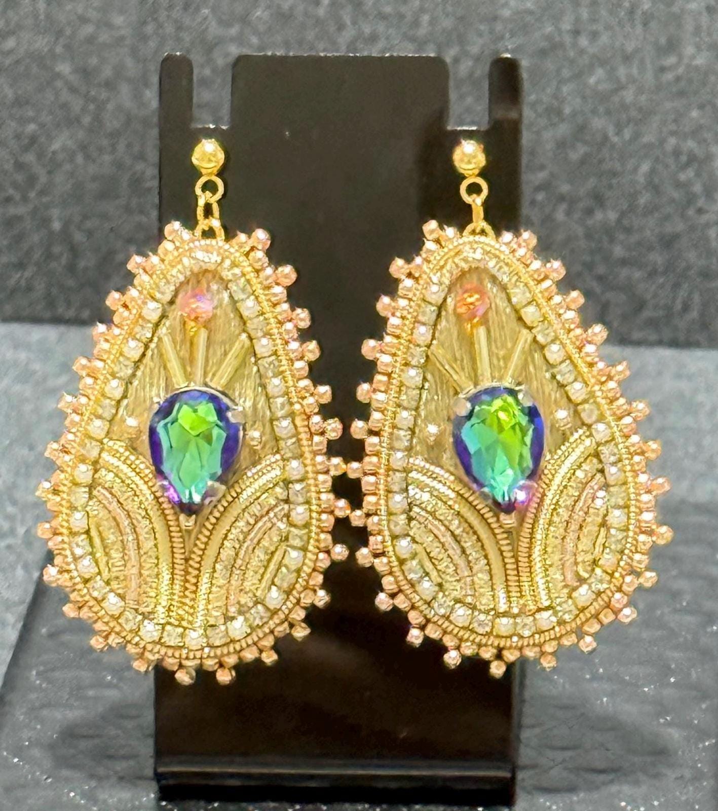 Handmade Gold Teardrop Earrings: Beaded Crystal Embroidered Statement Jewelry