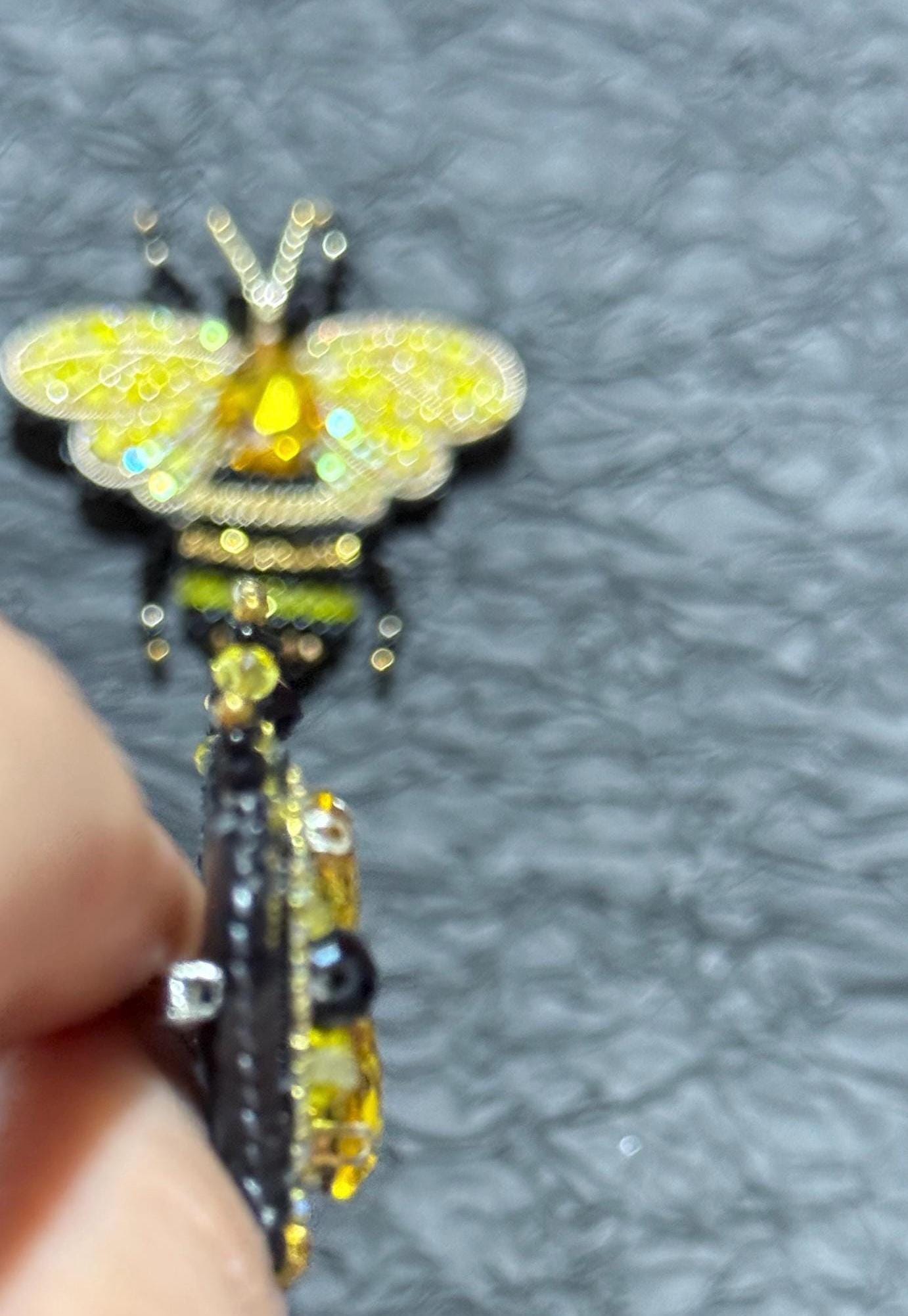 Handmade Beaded Bee and Crown Brooch Set: Yellow Crystal Pins
