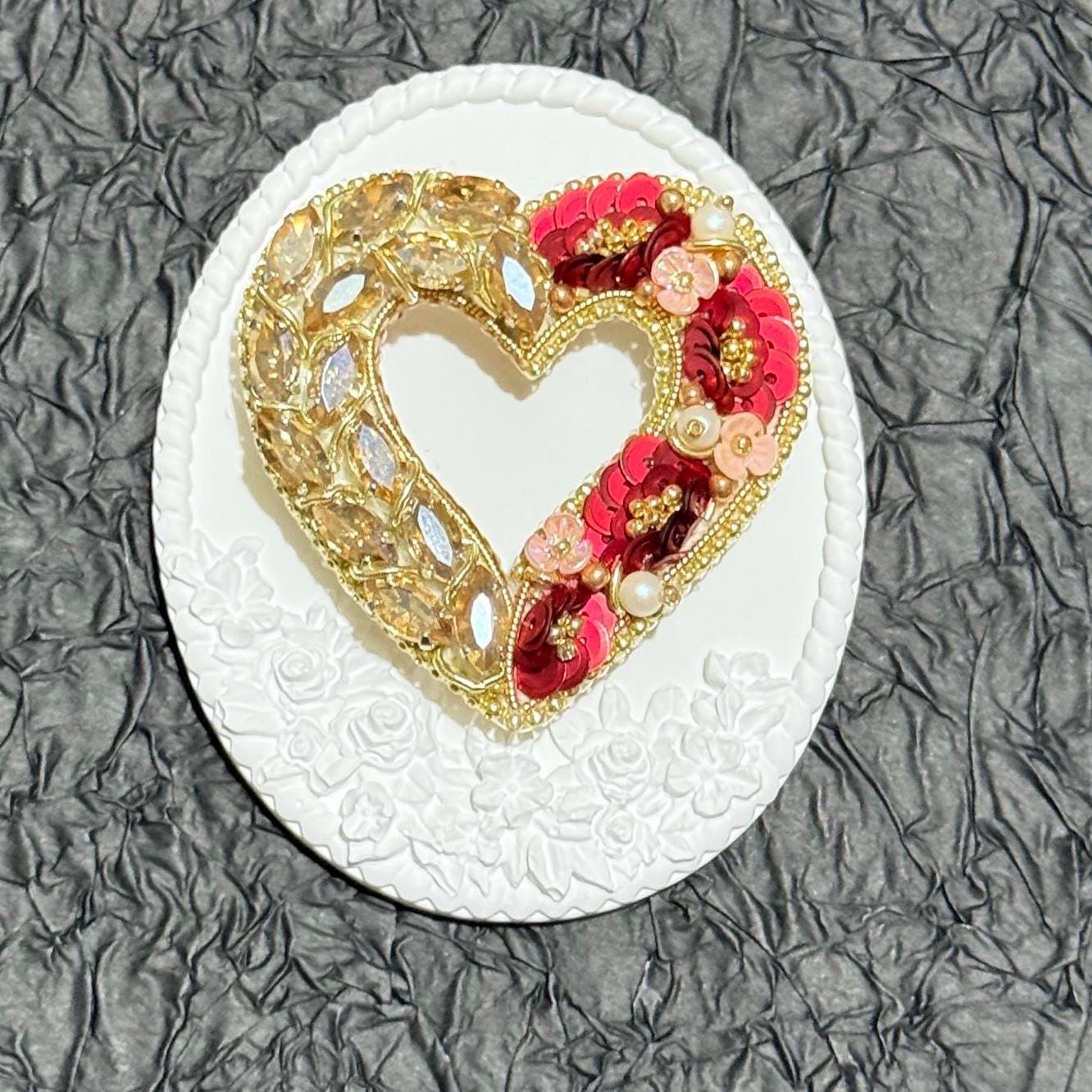 Handmade Beaded Heart Brooch: Gold & Red Valentine's Day Pin