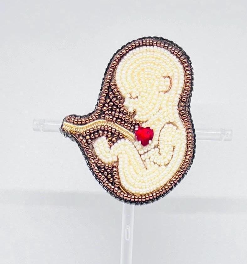 Handmade Beaded Fetus Brooch | Motherhood Jewelry with Red Crystal Heart