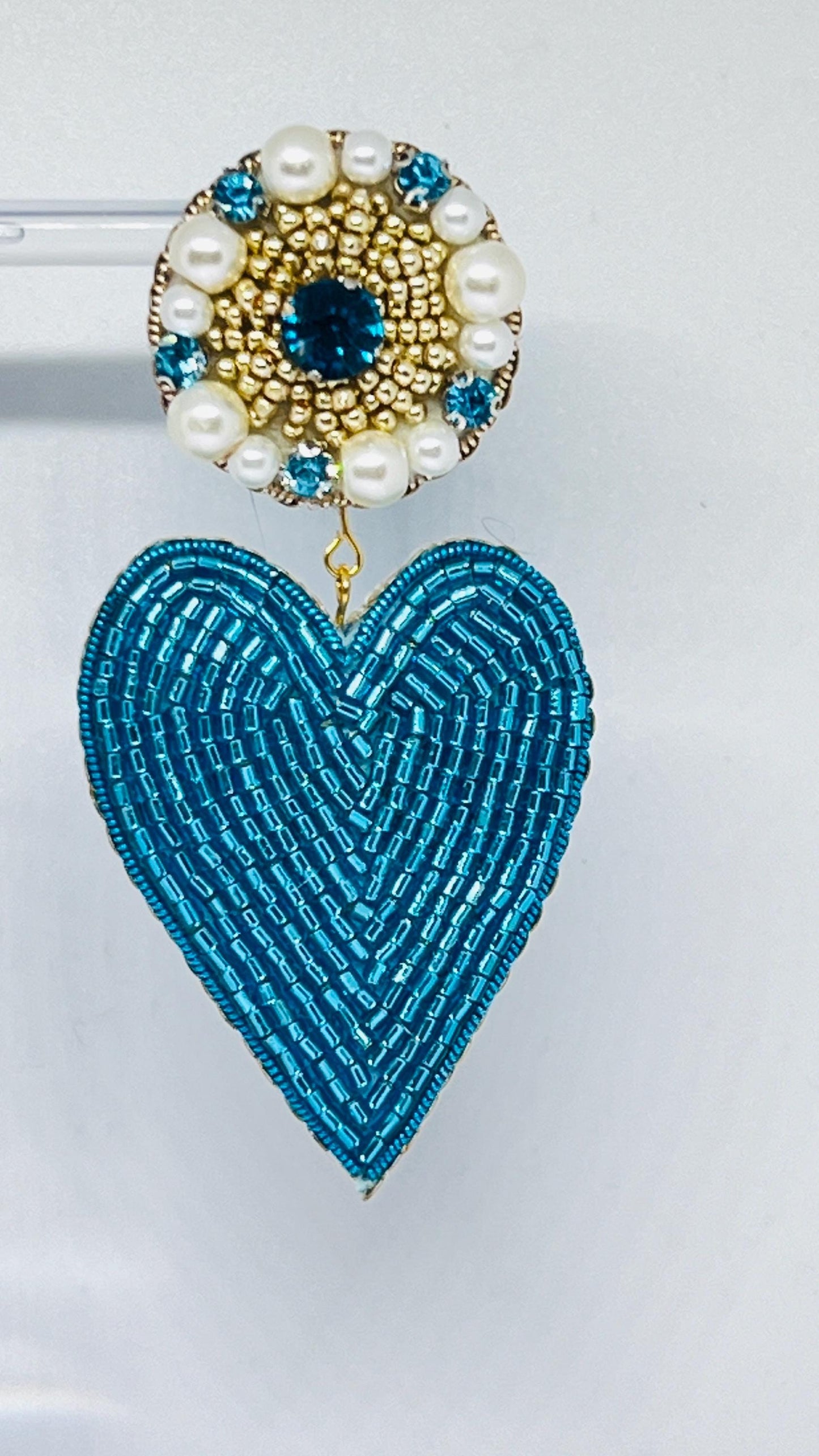 Handmade Blue Heart Earrings: Beaded Pearls & Crystals, Elegant Drop Earrings