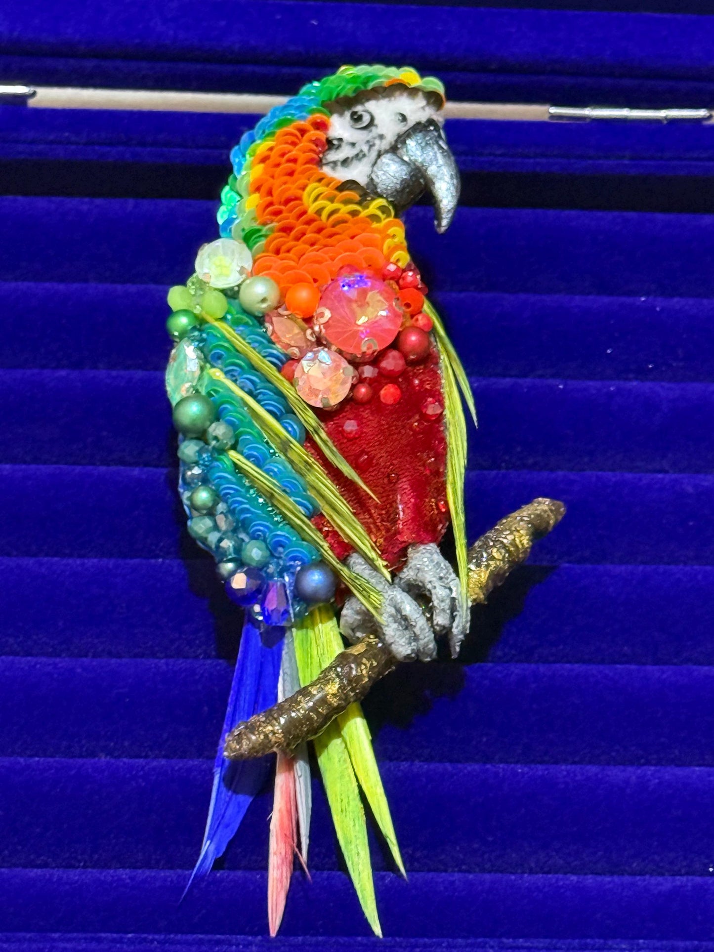 Handmade Beaded Parrot Brooch – Sequin & Crystal Bird Pin