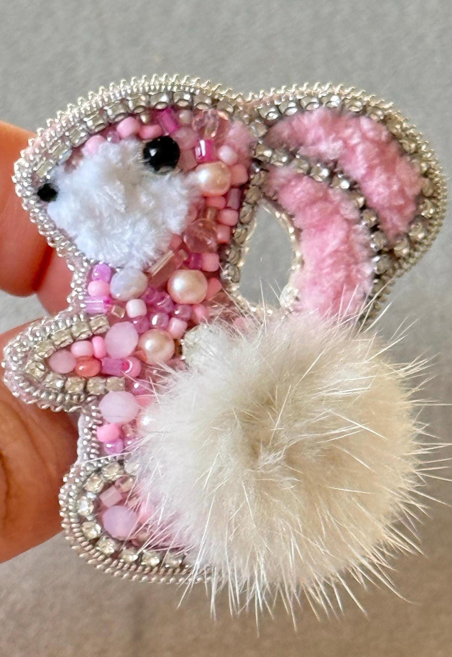 Handmade Beaded Bunny Brooch: Pink Rabbit Pin with Faux Fur Tail