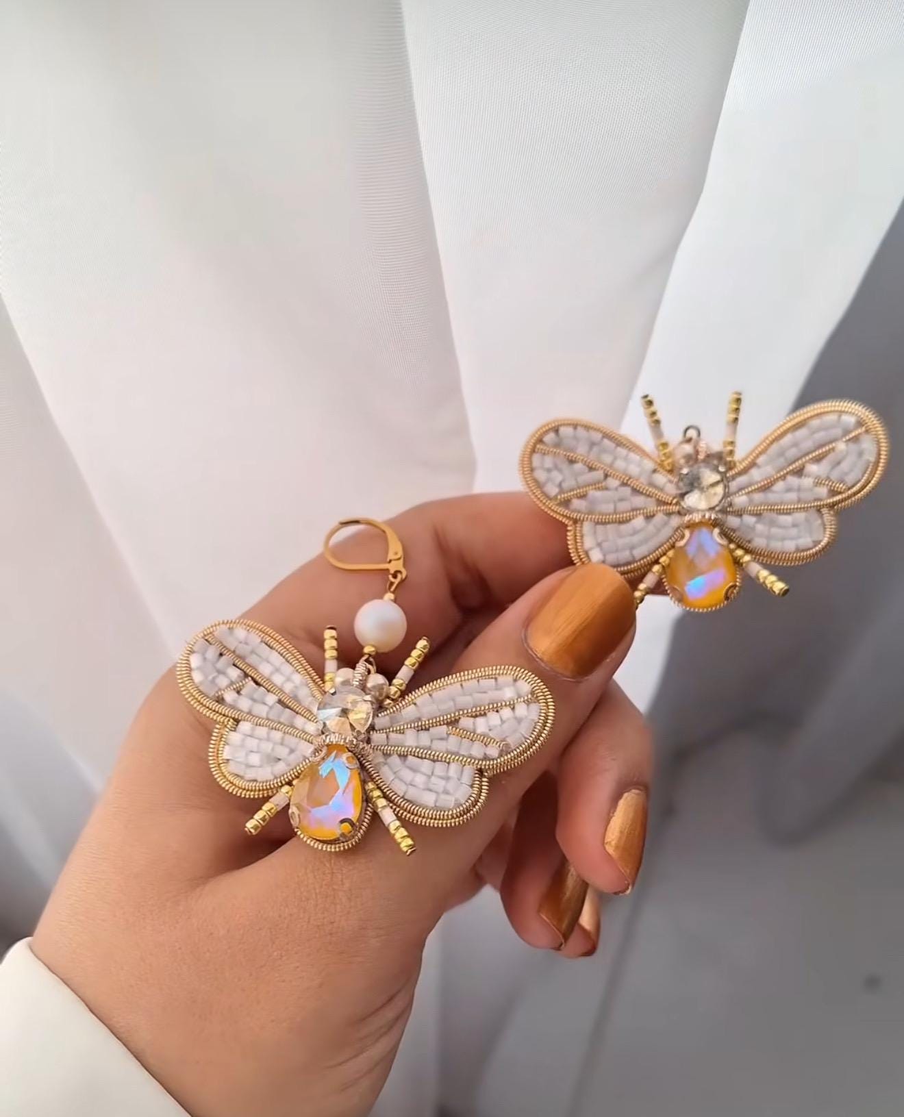 Handmade Beaded Bee Earrings: Opal Gemstone, White & Gold Jewelry