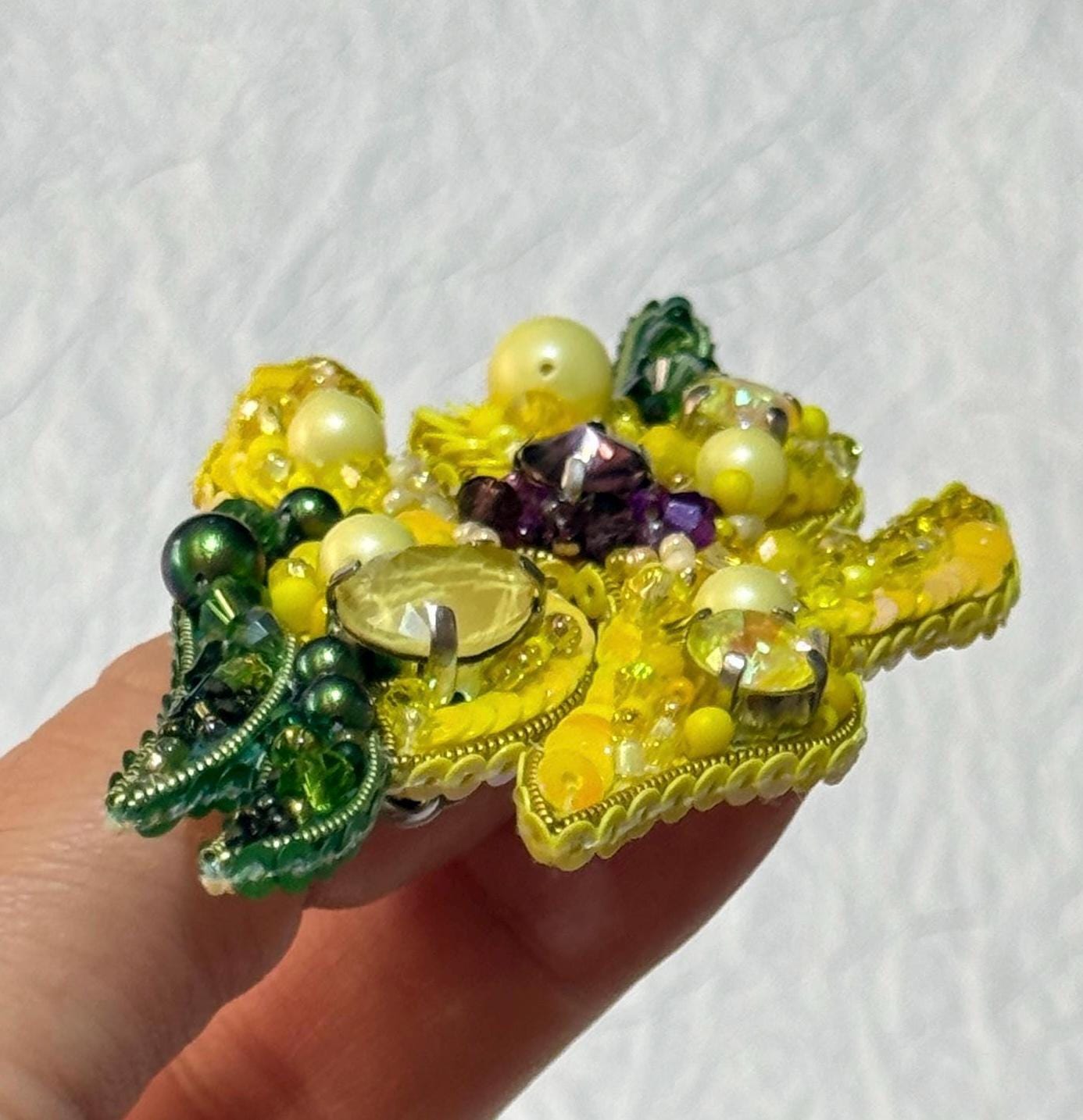 Handcrafted Beaded Iris Brooch: Yellow Floral Pin with Crystals