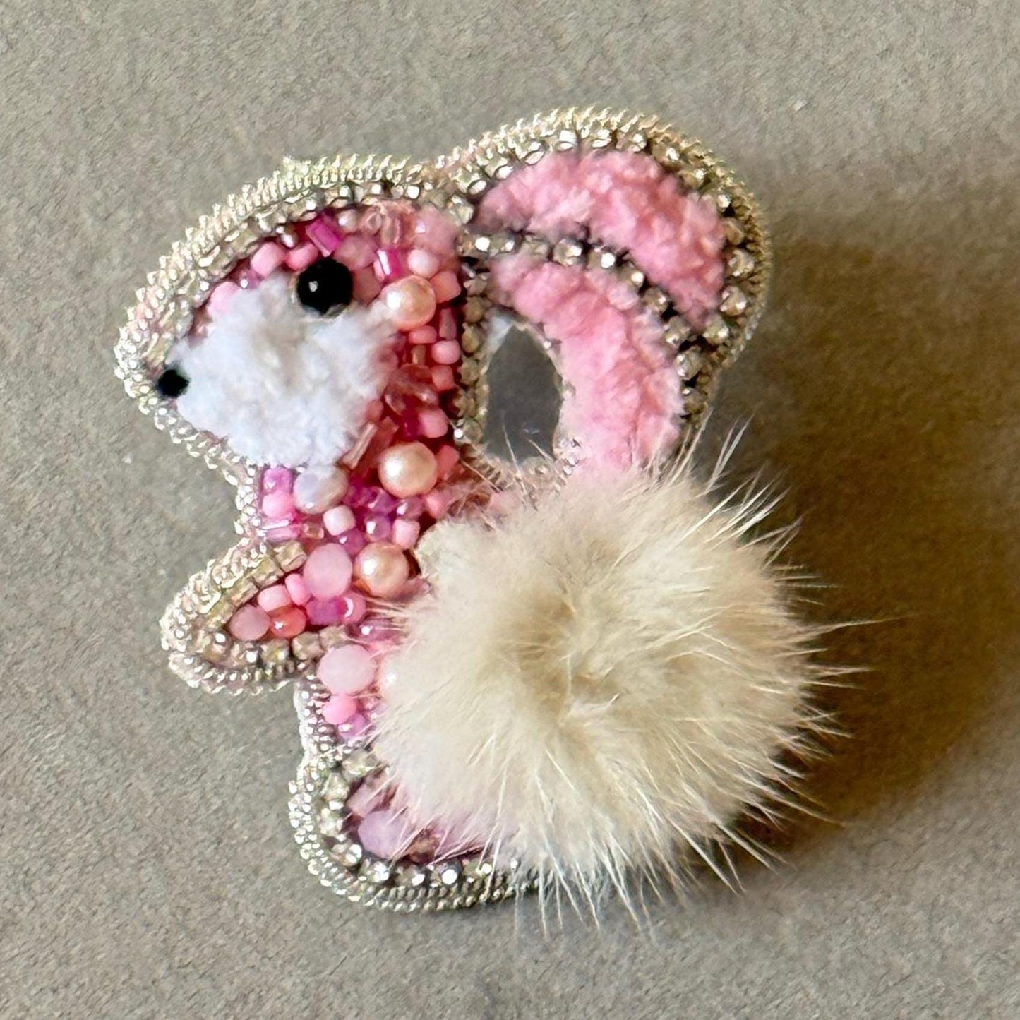 Handmade Beaded Bunny Brooch: Pink Rabbit Pin with Faux Fur Tail