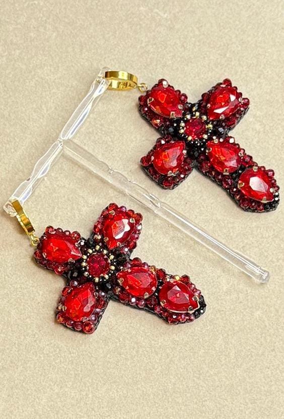Handmade Red Crystal Cross Earrings: Gothic Religious Jewelry