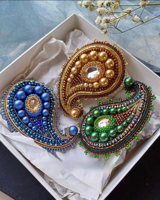 Beaded Paisley Brooch Pin: Crystal Pearl Bohemian Lapel Accessory