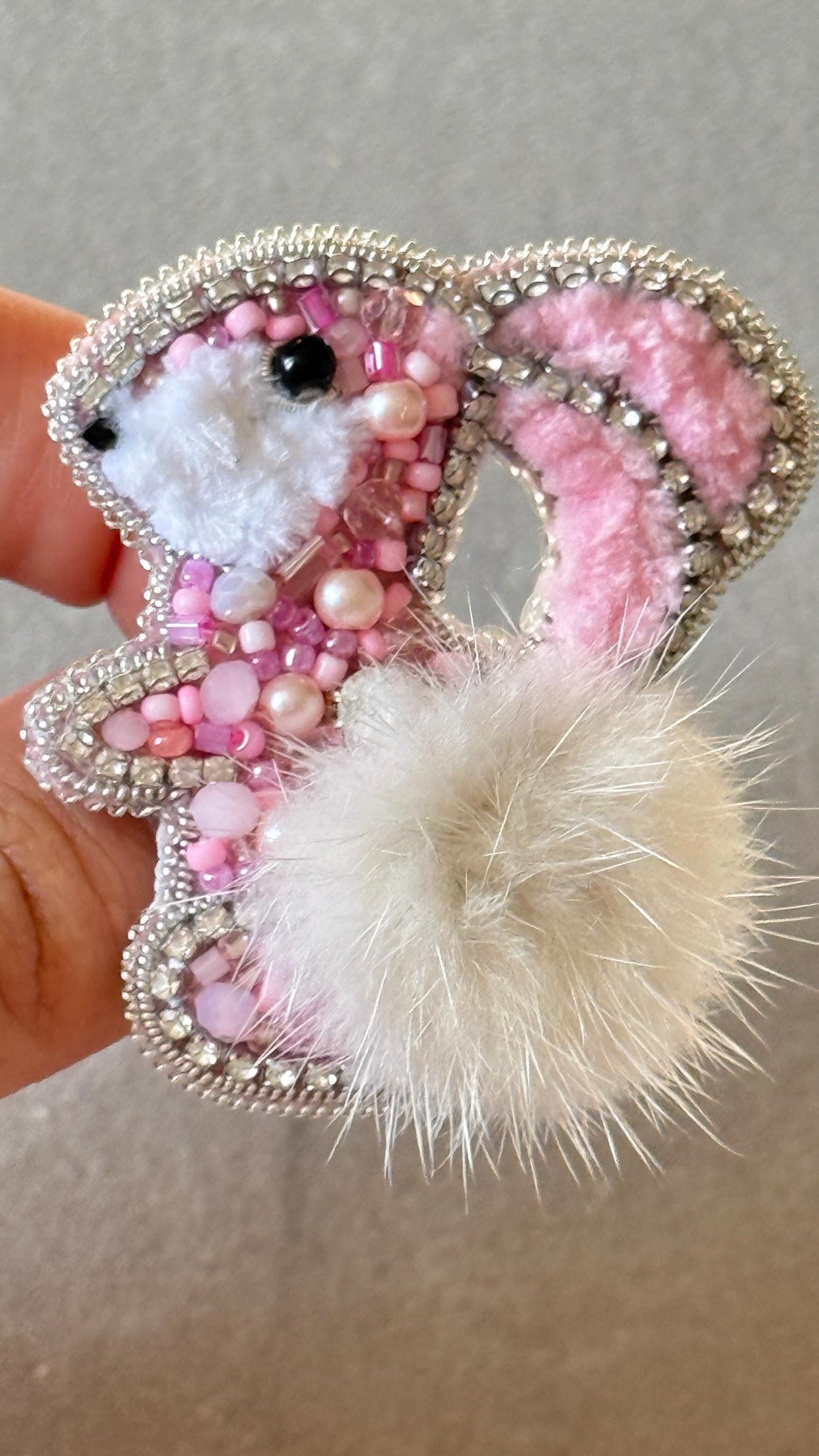 Handmade Beaded Bunny Brooch: Pink Rabbit Pin with Faux Fur Tail