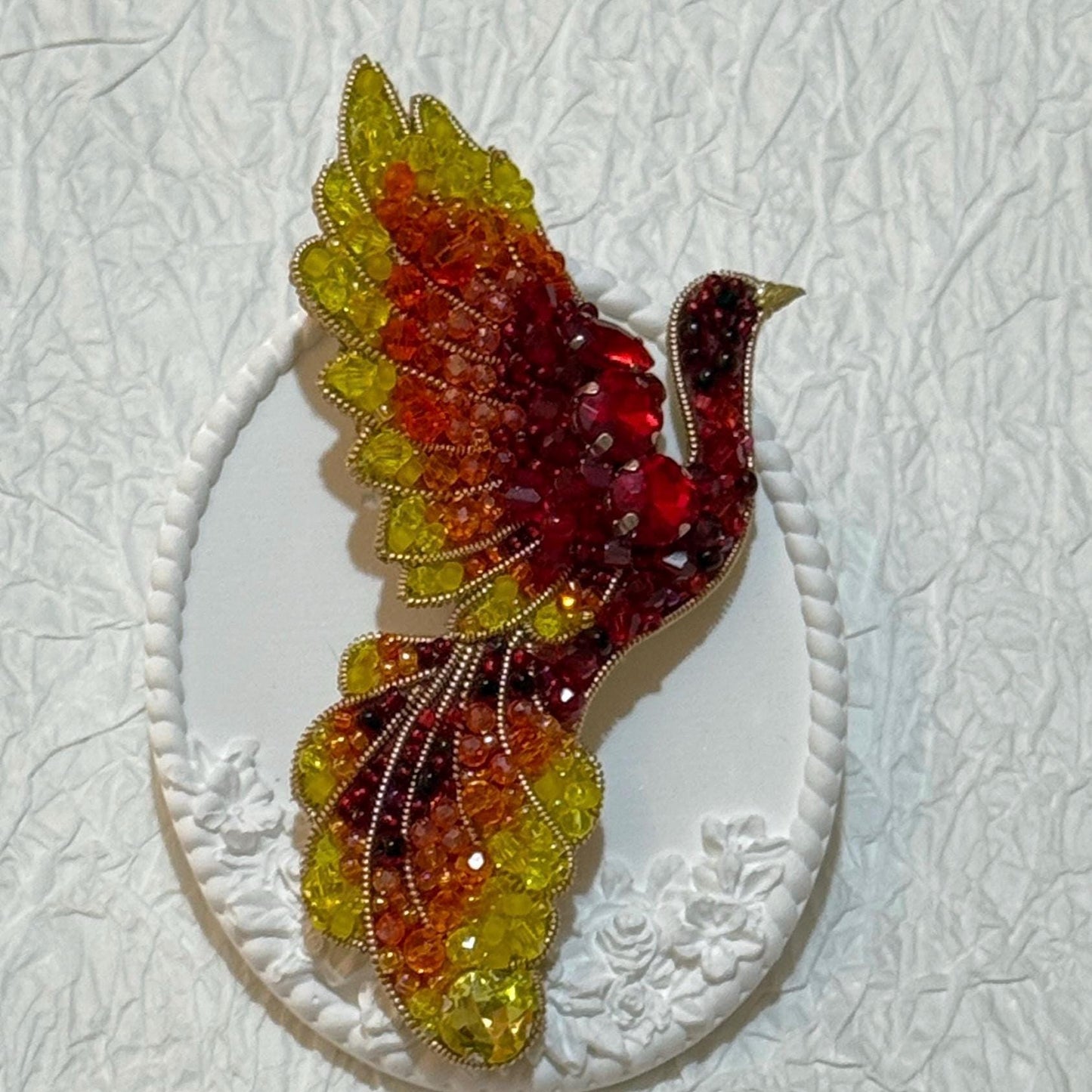 Handmade Beaded Phoenix Brooch: Red, Orange, Yellow Crystal Bird Pin