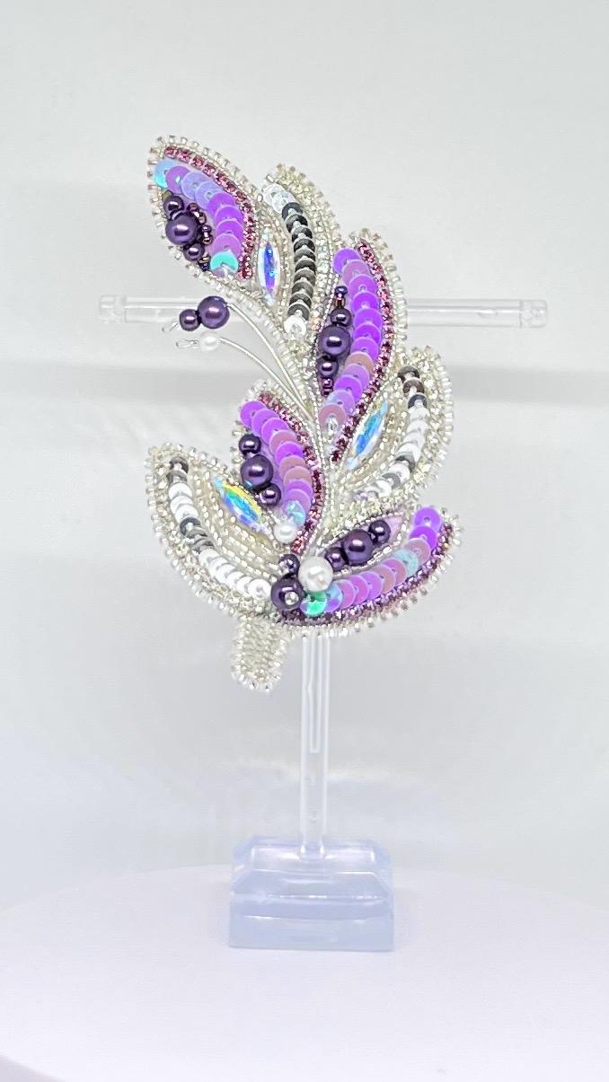 Handmade Beaded Feather Brooch: Purple Sequin & Pearl Embellished Pin