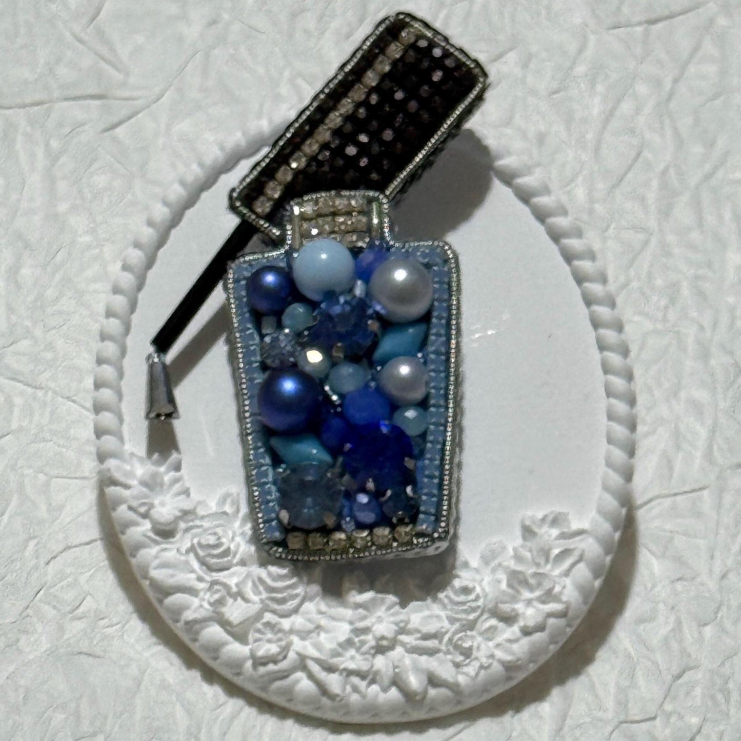 Handmade Blue nail polish Bottle Brooch: Beaded Crystal Pin