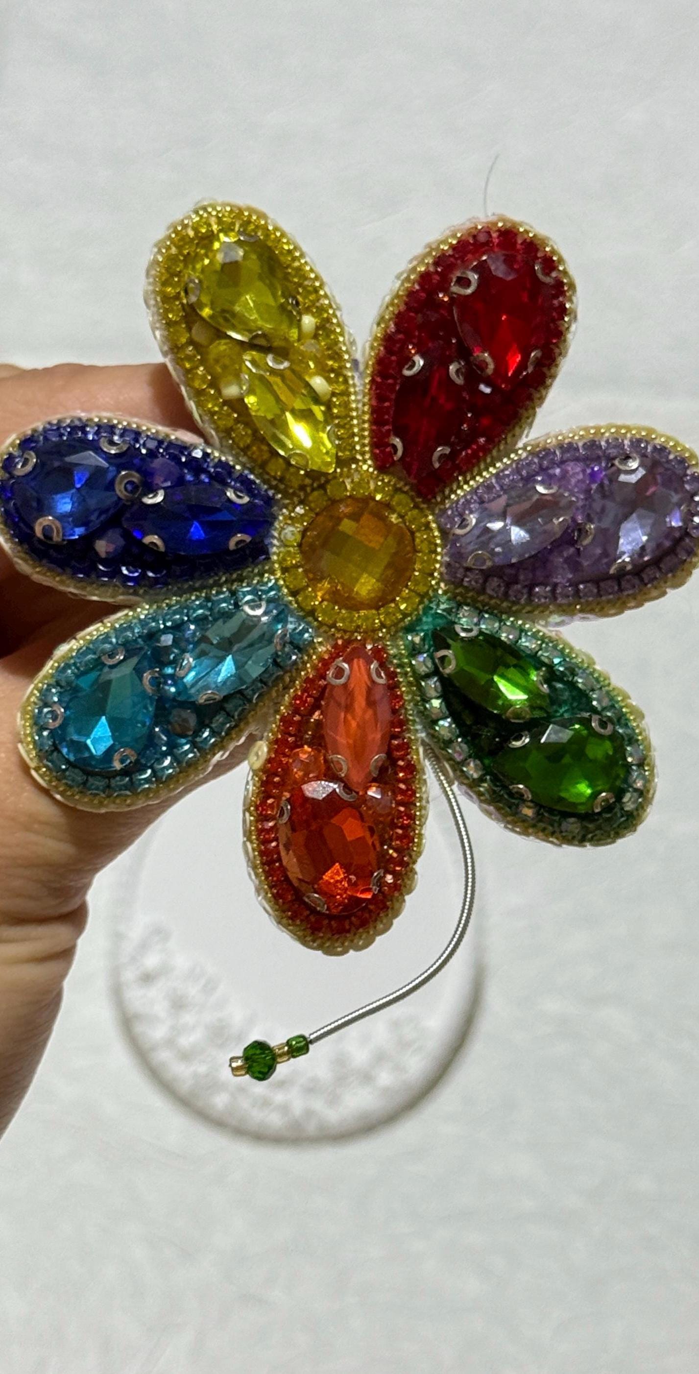 Handmade Rainbow Crystal Flower Brooch: Beaded Pride Pin
