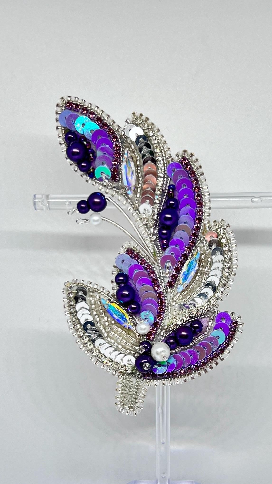 Handmade Beaded Feather Brooch: Purple Sequin & Pearl Embellished Pin