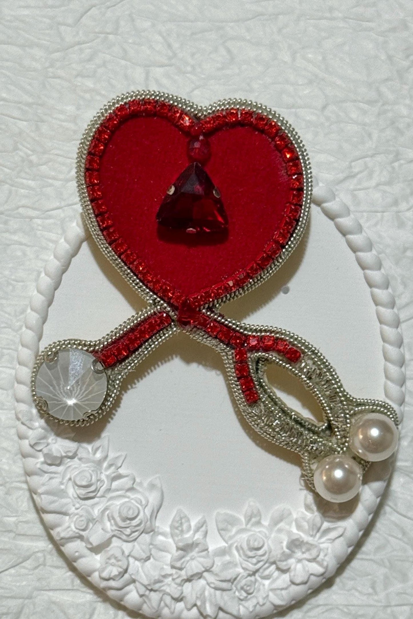 Handmade Beaded Stethoscope Brooch: Red Heart Medical Pin