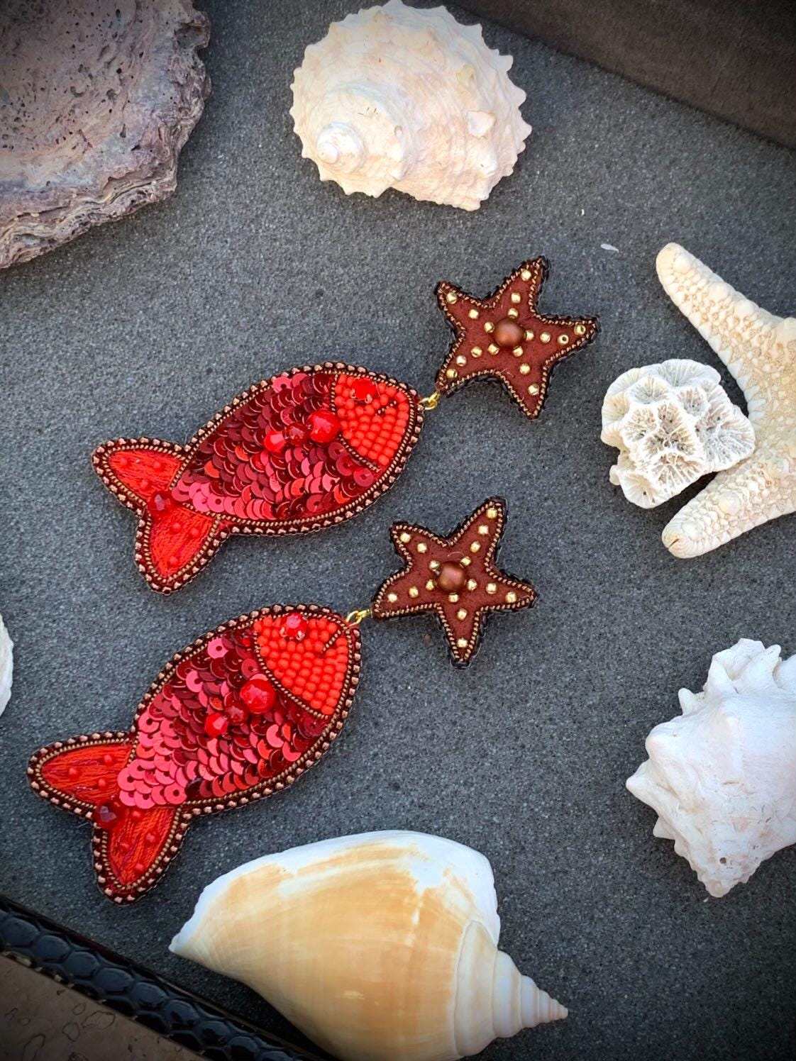 Handmade Beaded Fish Earrings: Red Sequin Starfish Dangle Jewelry